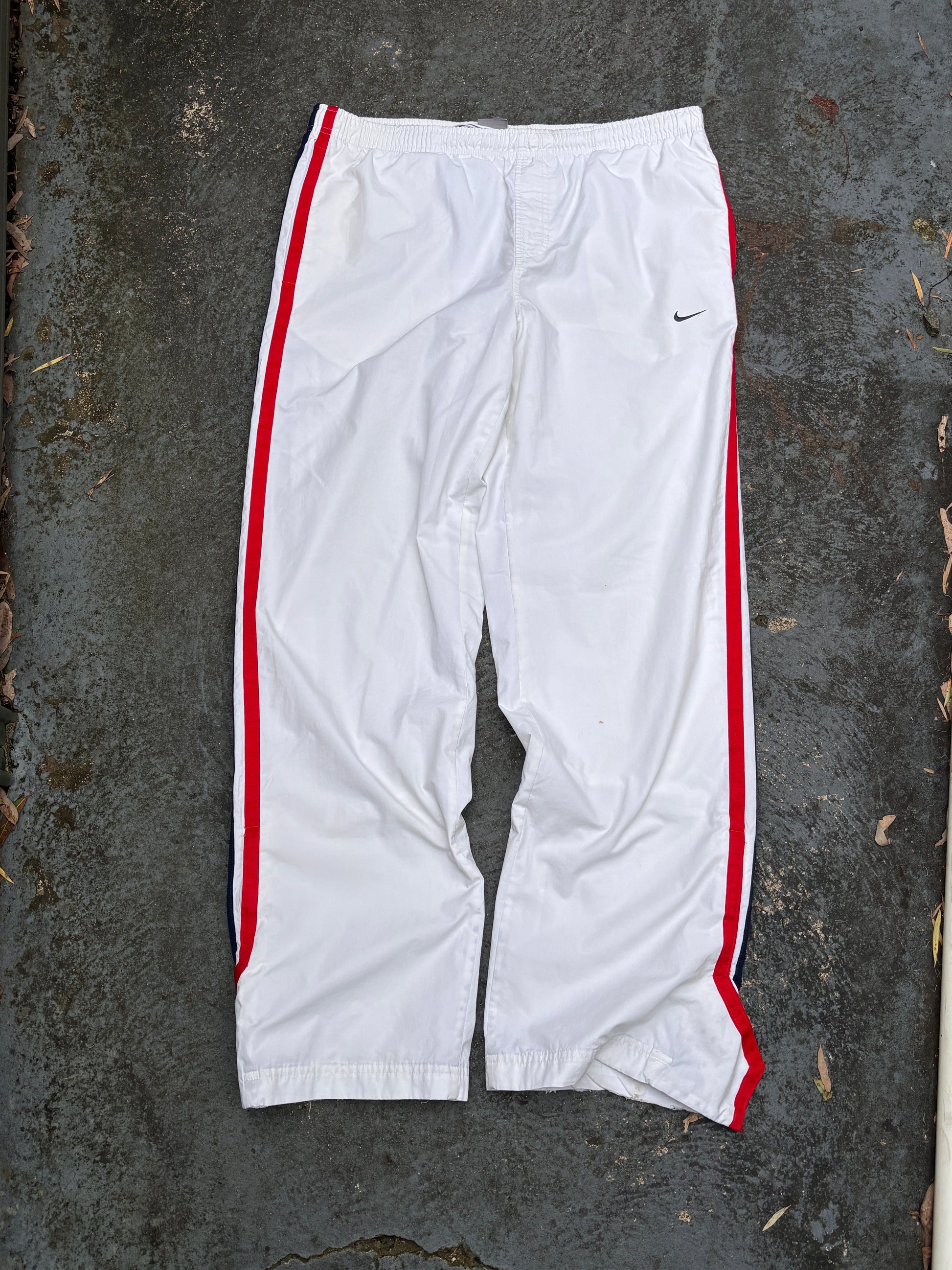 Vintage Y2K Nike Track Pants M White Red Blue Detail Wide Leg Ankle Zip Windbreakers