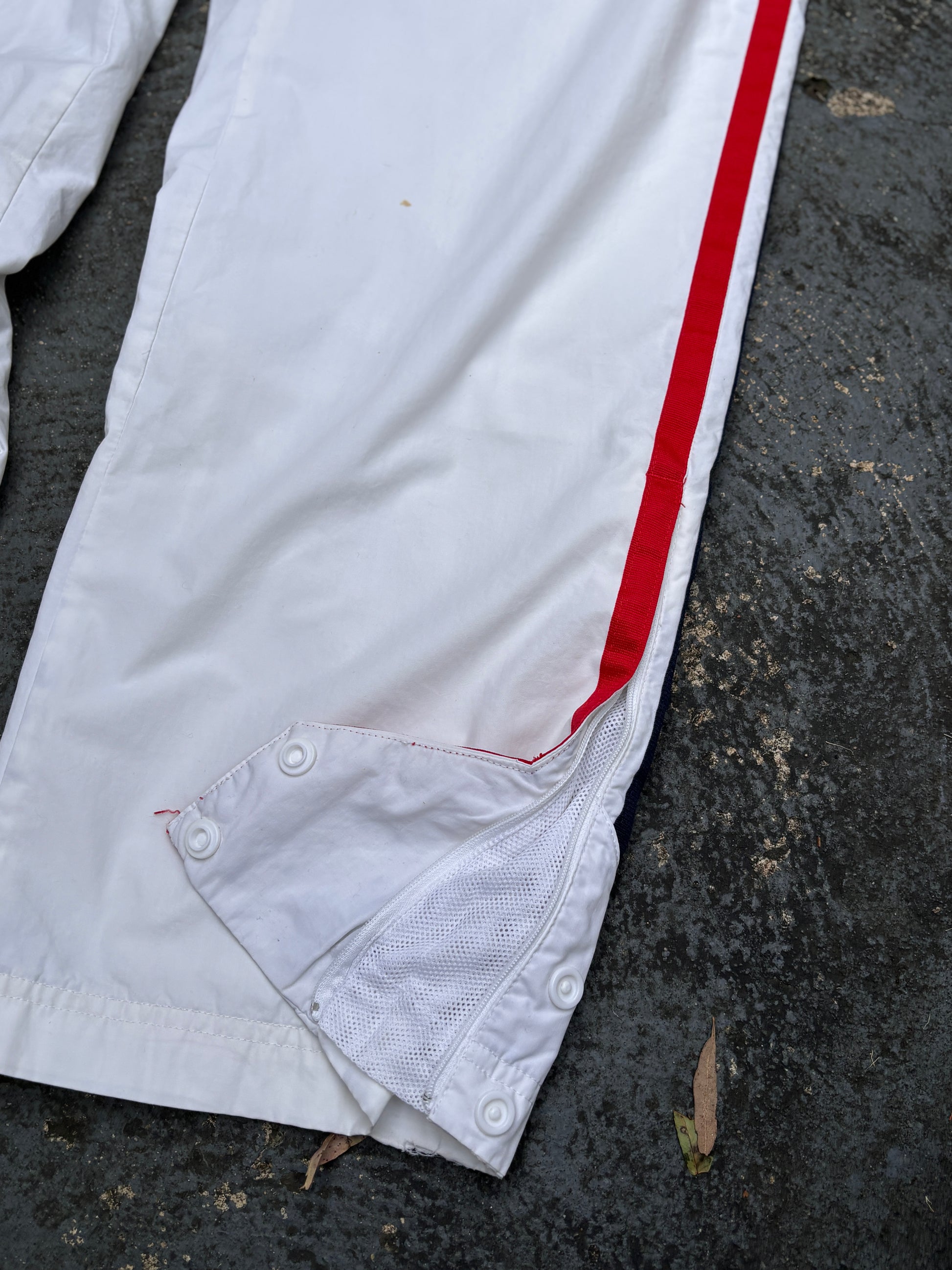 Vintage Y2K Nike Track Pants M White Red Blue Detail Wide Leg Ankle Zip Windbreakers