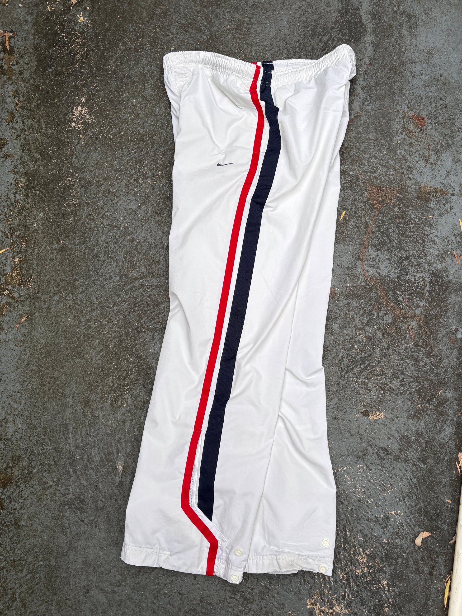 Vintage Y2K Nike Track Pants M White Red Blue Detail Wide Leg Ankle Zip Windbreakers