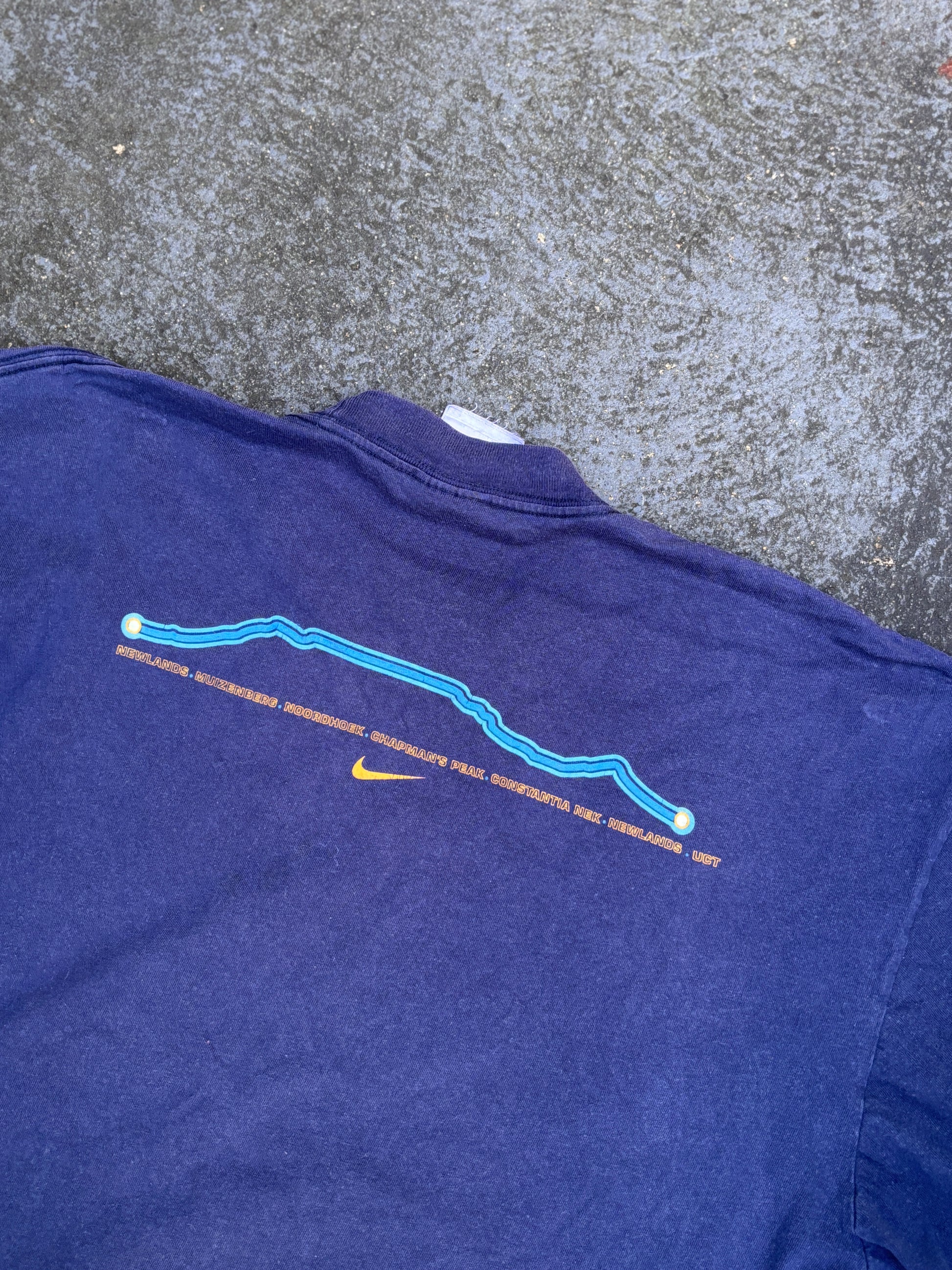 Vintage 90s Nike T-Shirt Size S Navy Two Oceans Cape Town Marathon Large Graphic