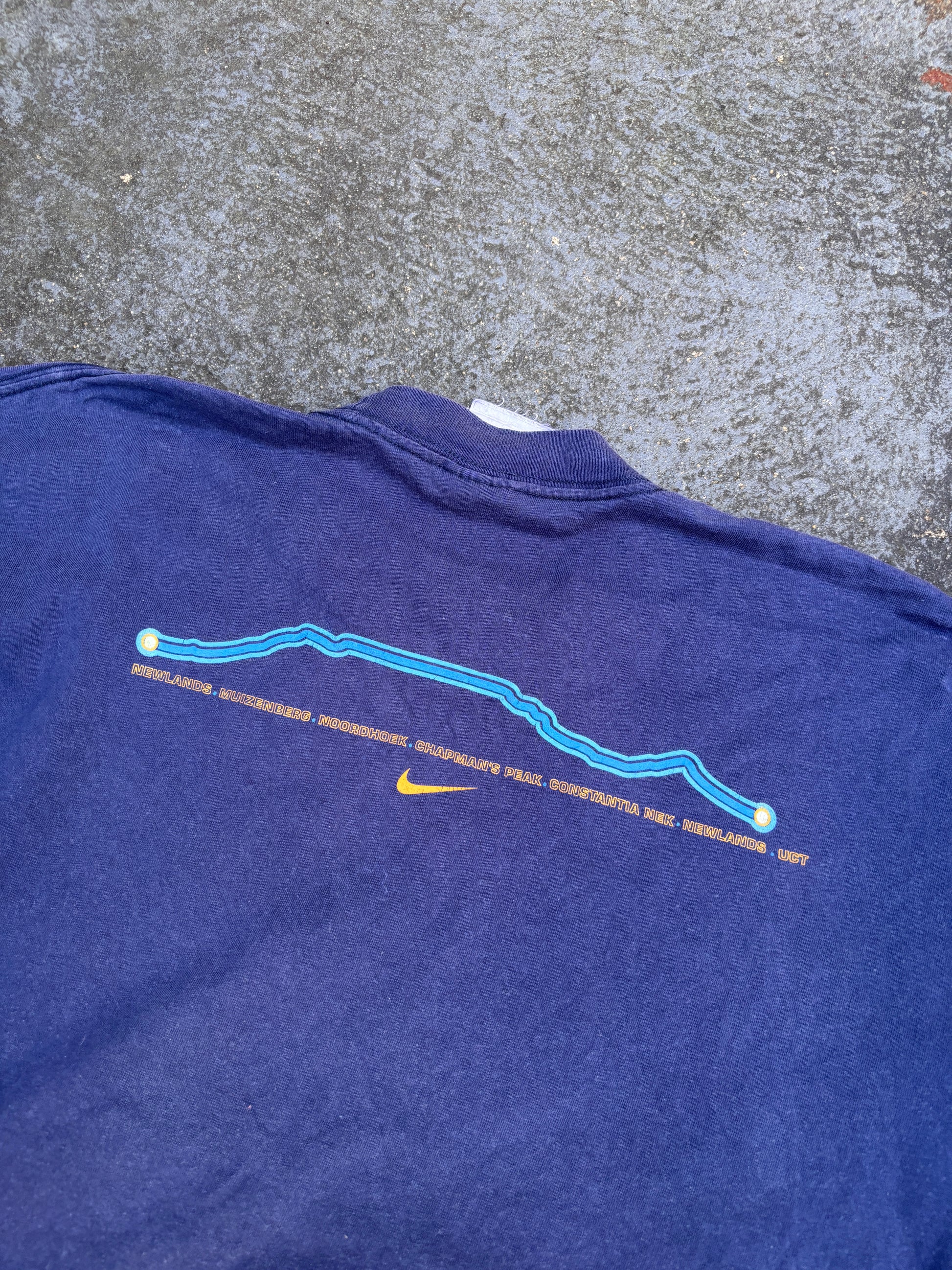 Vintage 90s Nike T-Shirt Size S Navy Two Oceans Cape Town Marathon Large Graphic