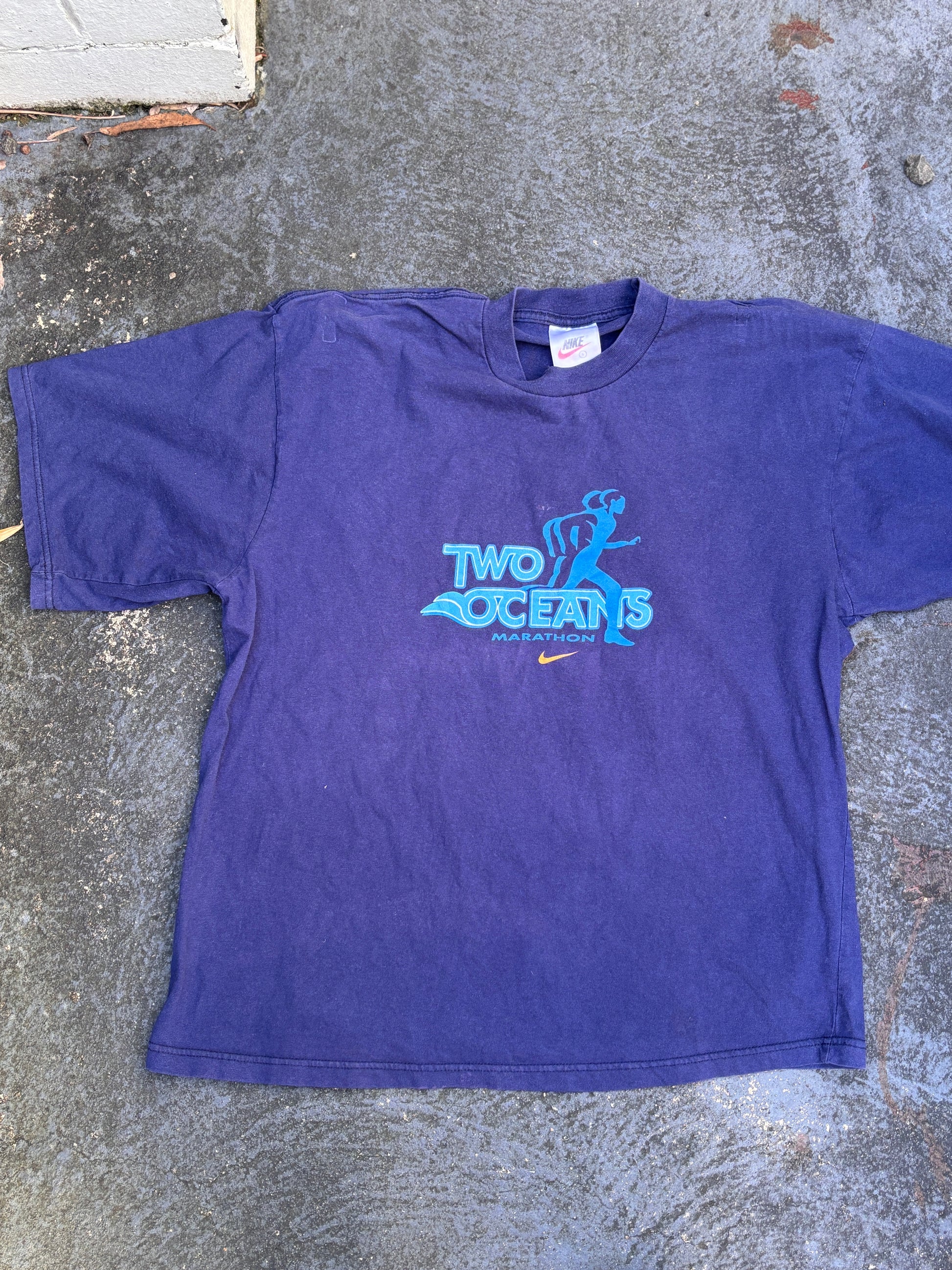Vintage 90s Nike T-Shirt Size S Navy Two Oceans Cape Town Marathon Large Graphic