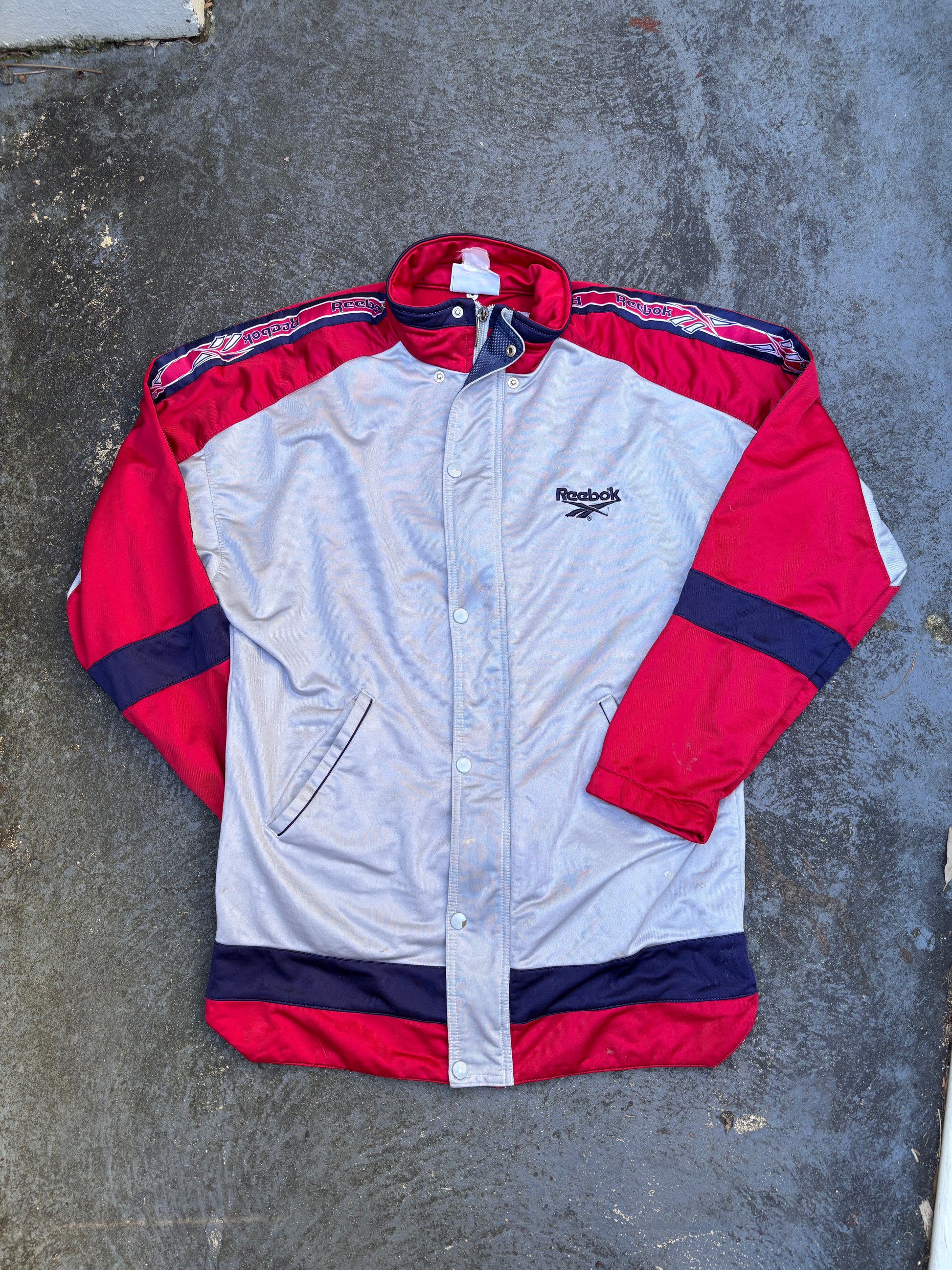 Vintage 90s Reebok Jacket Size XL Grey Red Detail Button Zip Arm Tape