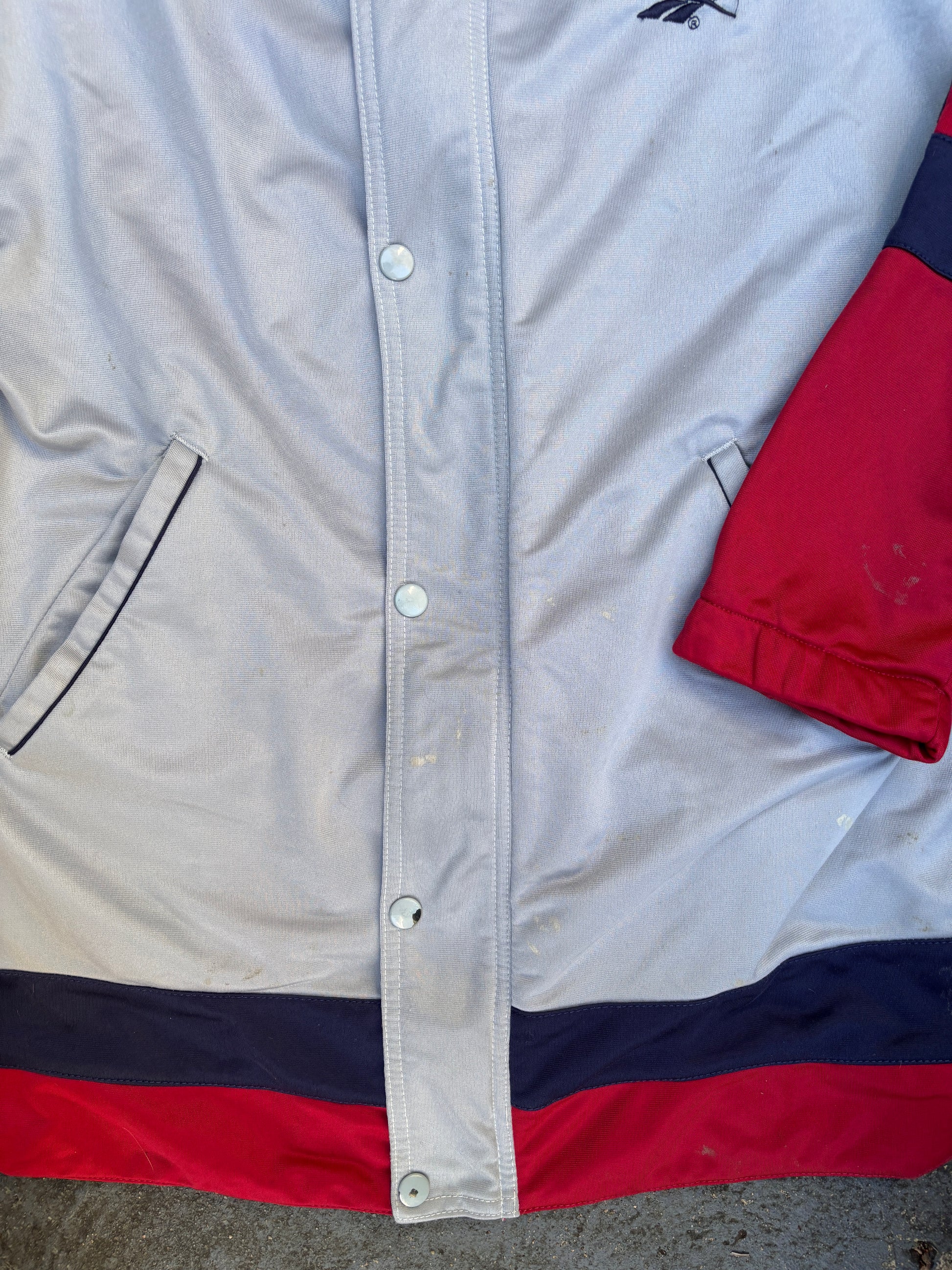 Vintage 90s Reebok Jacket Size XL Grey Red Detail Button Zip Arm Tape