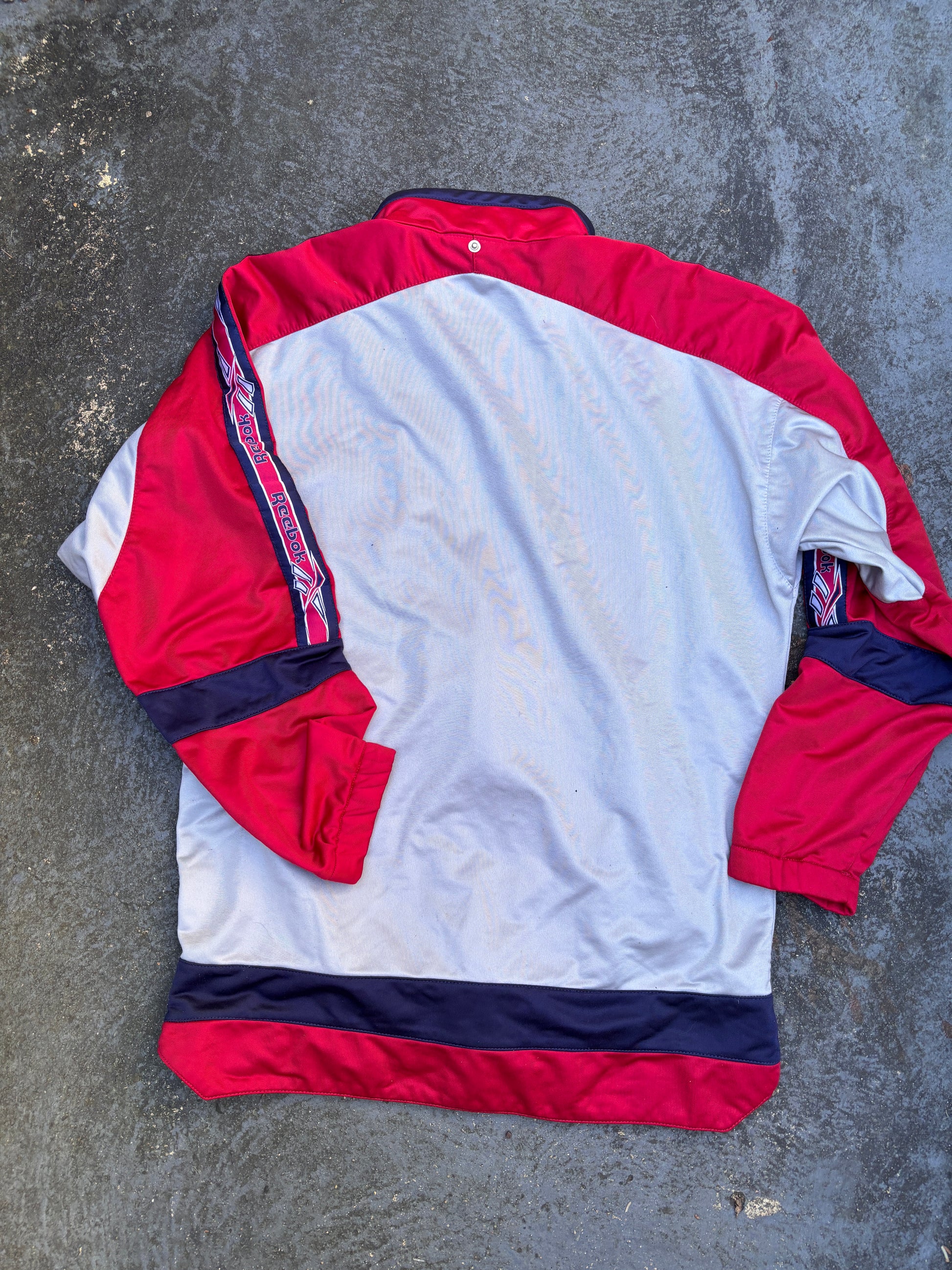 Vintage 90s Reebok Jacket Size XL Grey Red Detail Button Zip Arm Tape