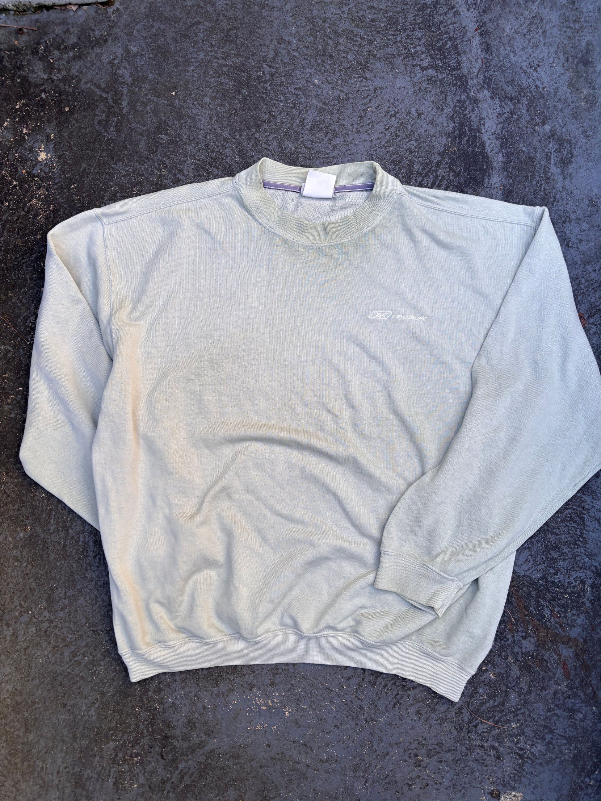 Vintage Y2K Reebok Jumper Size M Grey Green Spell Out Embroidered Sweatshirt