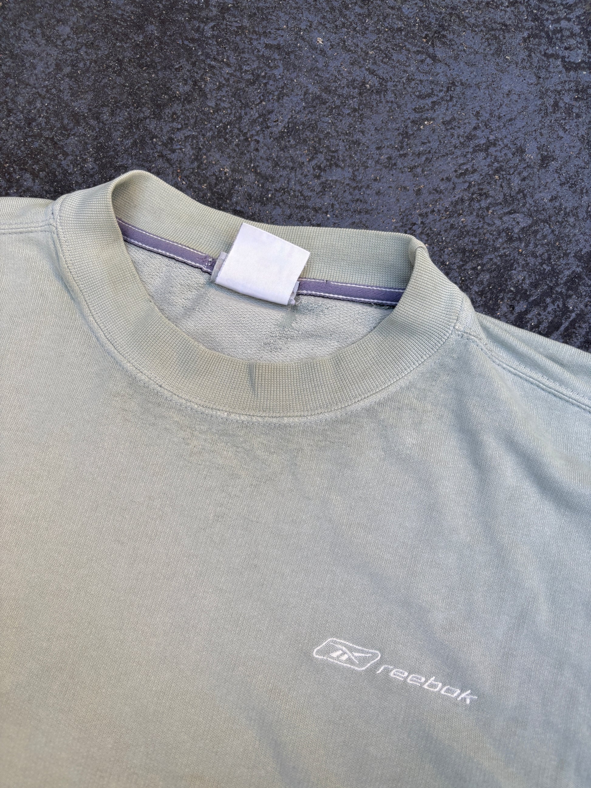 Vintage Y2K Reebok Jumper Size M Grey Green Spell Out Embroidered Sweatshirt