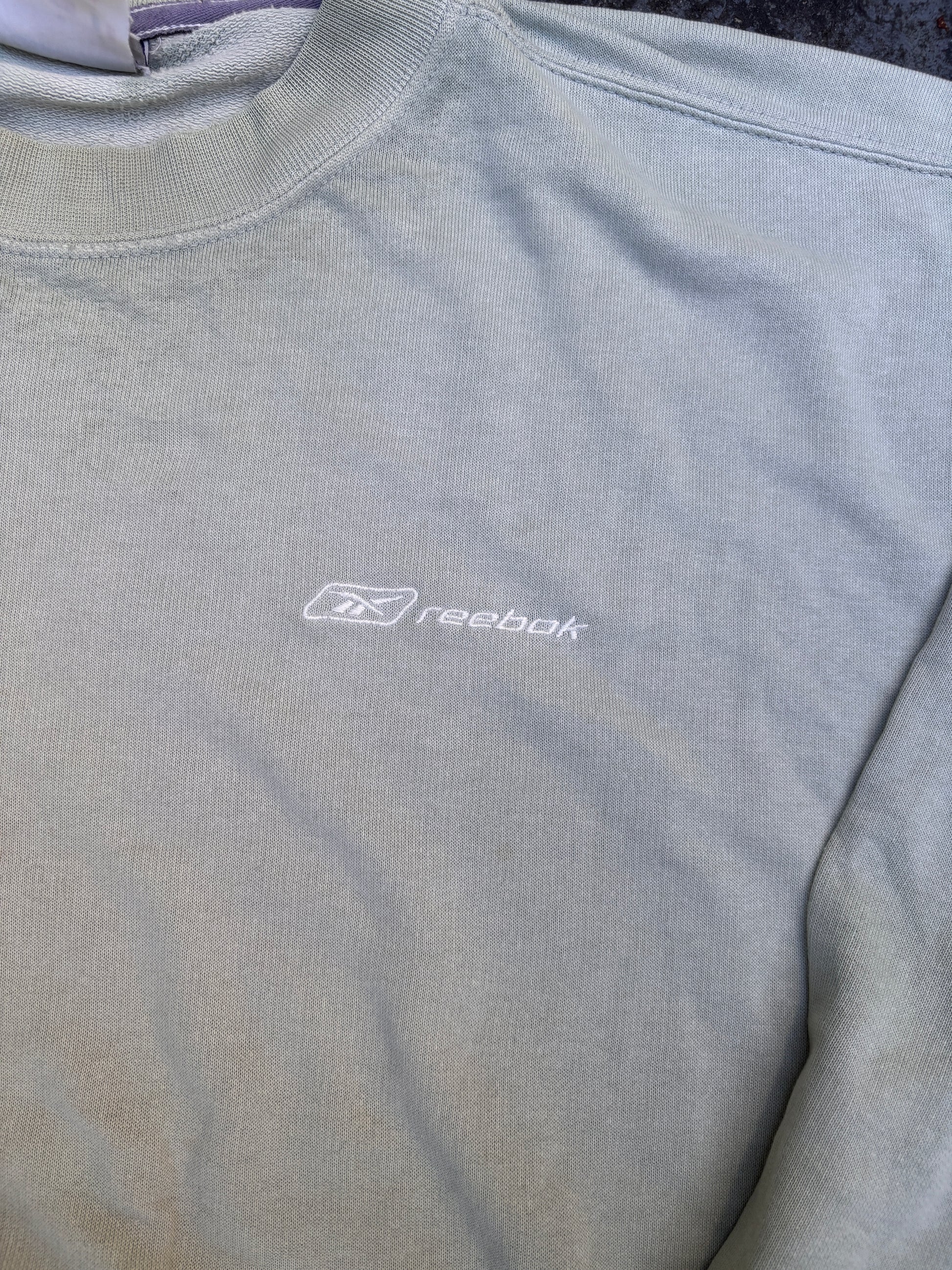 Vintage Y2K Reebok Jumper Size M Grey Green Spell Out Embroidered Sweatshirt