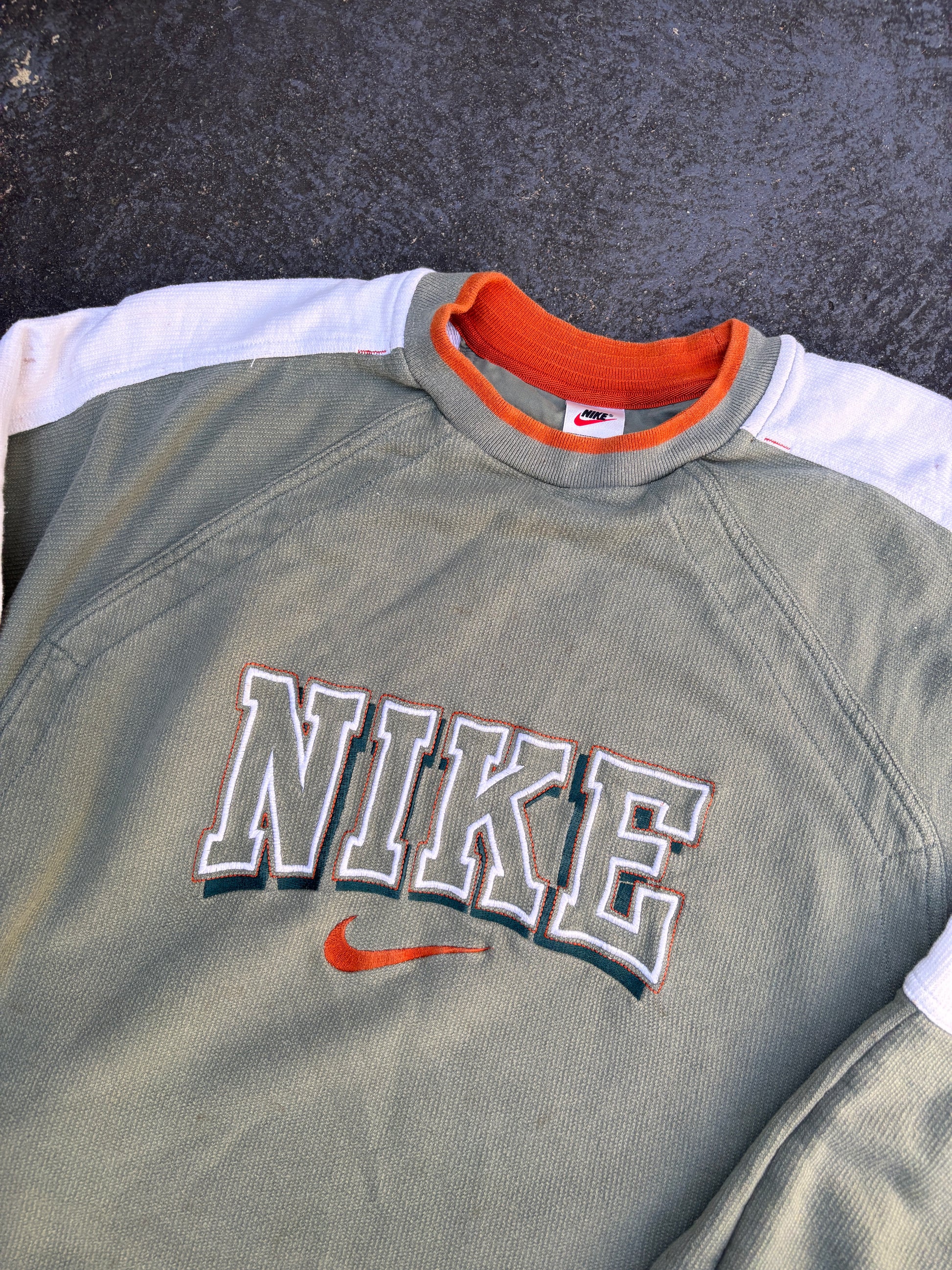 Vintage 90s Nike Jumper Size L Green Waffle Texture Spell Out Sweatshirt