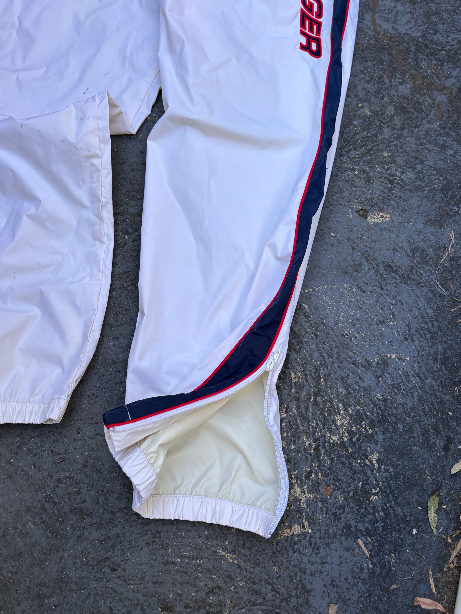 Vintage 90s Tommy Hilfiger Athletics Track Pants Size L White Blue Red Spell Out Nylon Windbreaker