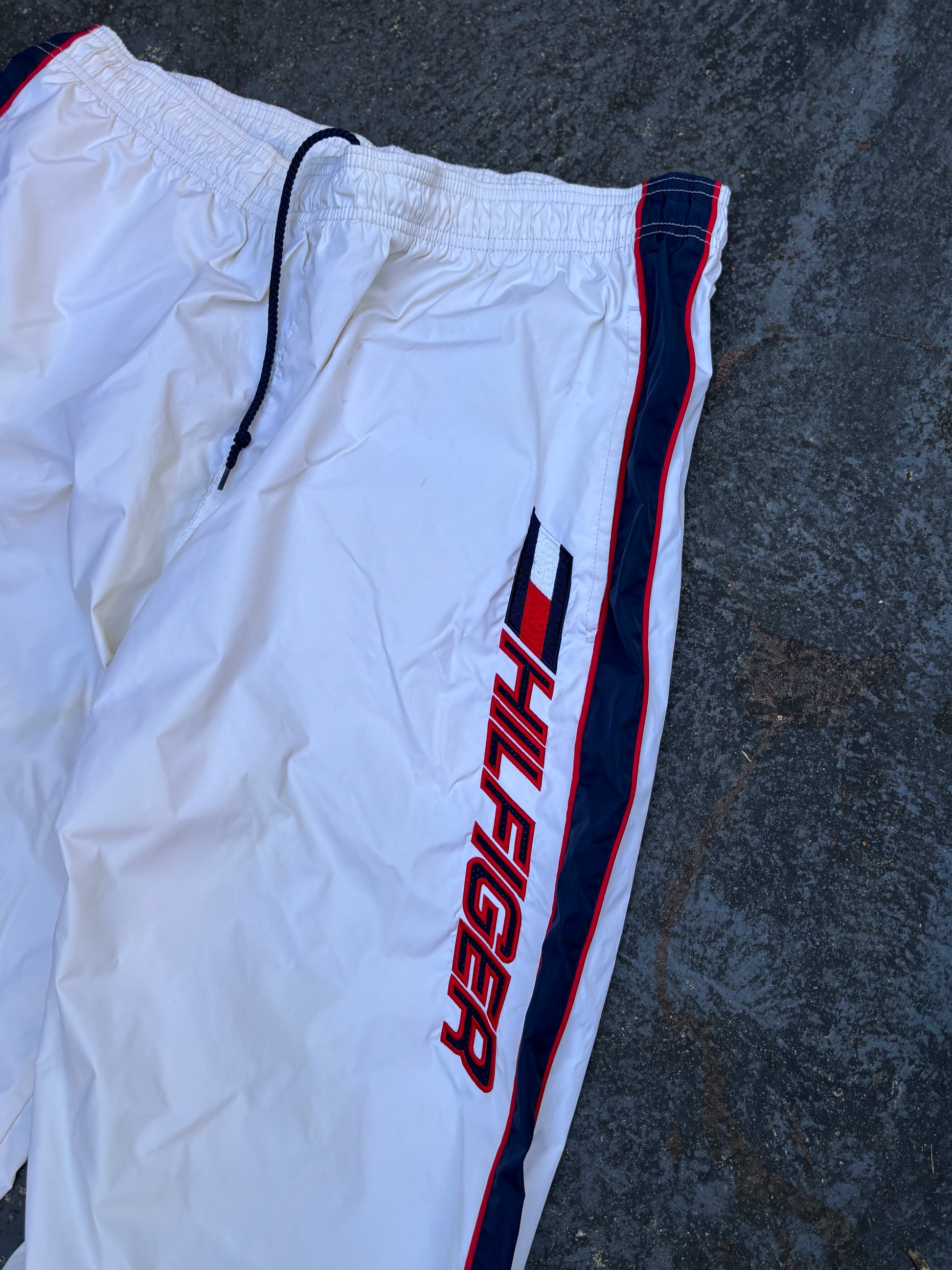 Vintage 90s Tommy Hilfiger Athletics Track Pants Size L White Blue Red Spell Out Nylon Windbreaker