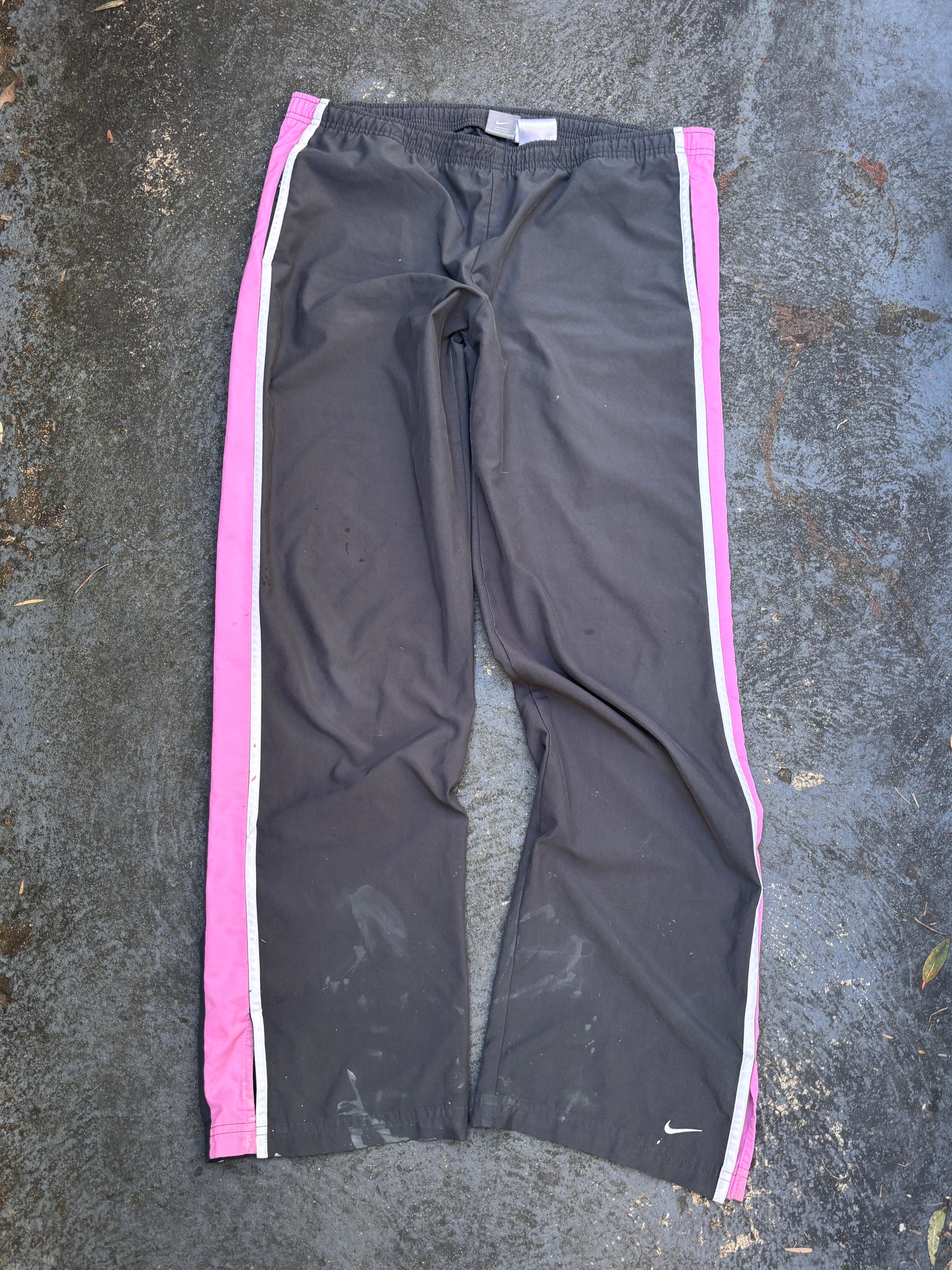 Vintage Y2K Nike Track Pants Women’s Size M Grey Pink Wide Leg Ankle Slit Swoosh Logo