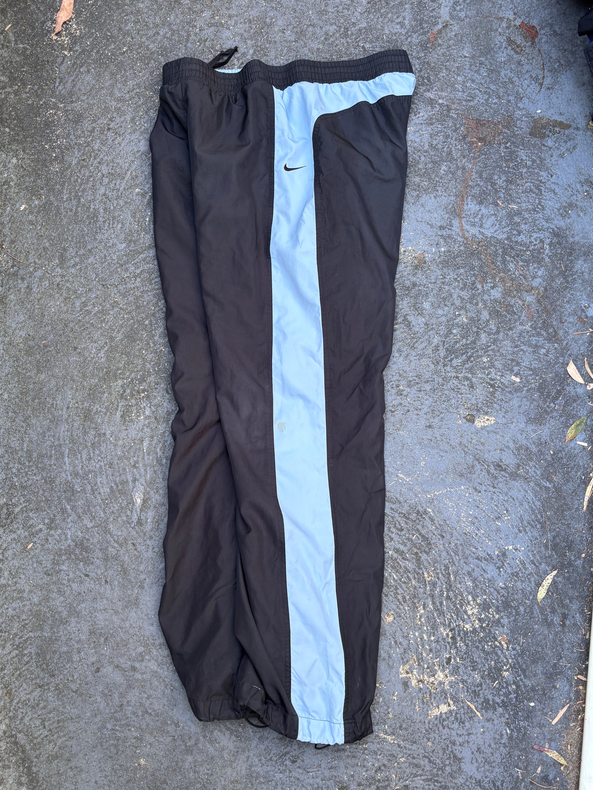 Vintage Y2K Nike Track Pants Women’s Size M Black Blue Detail Wide Leg Bungee Ankle Tab