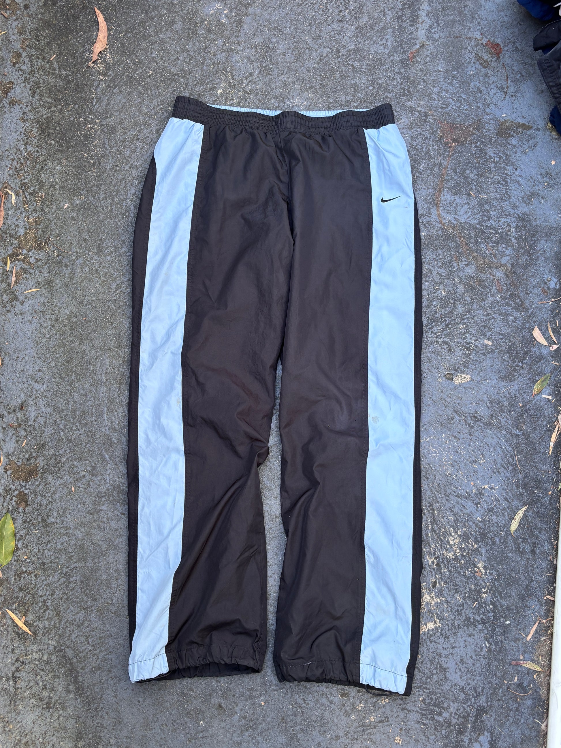 Vintage Y2K Nike Track Pants Women’s Size M Black Blue Detail Wide Leg Bungee Ankle Tab