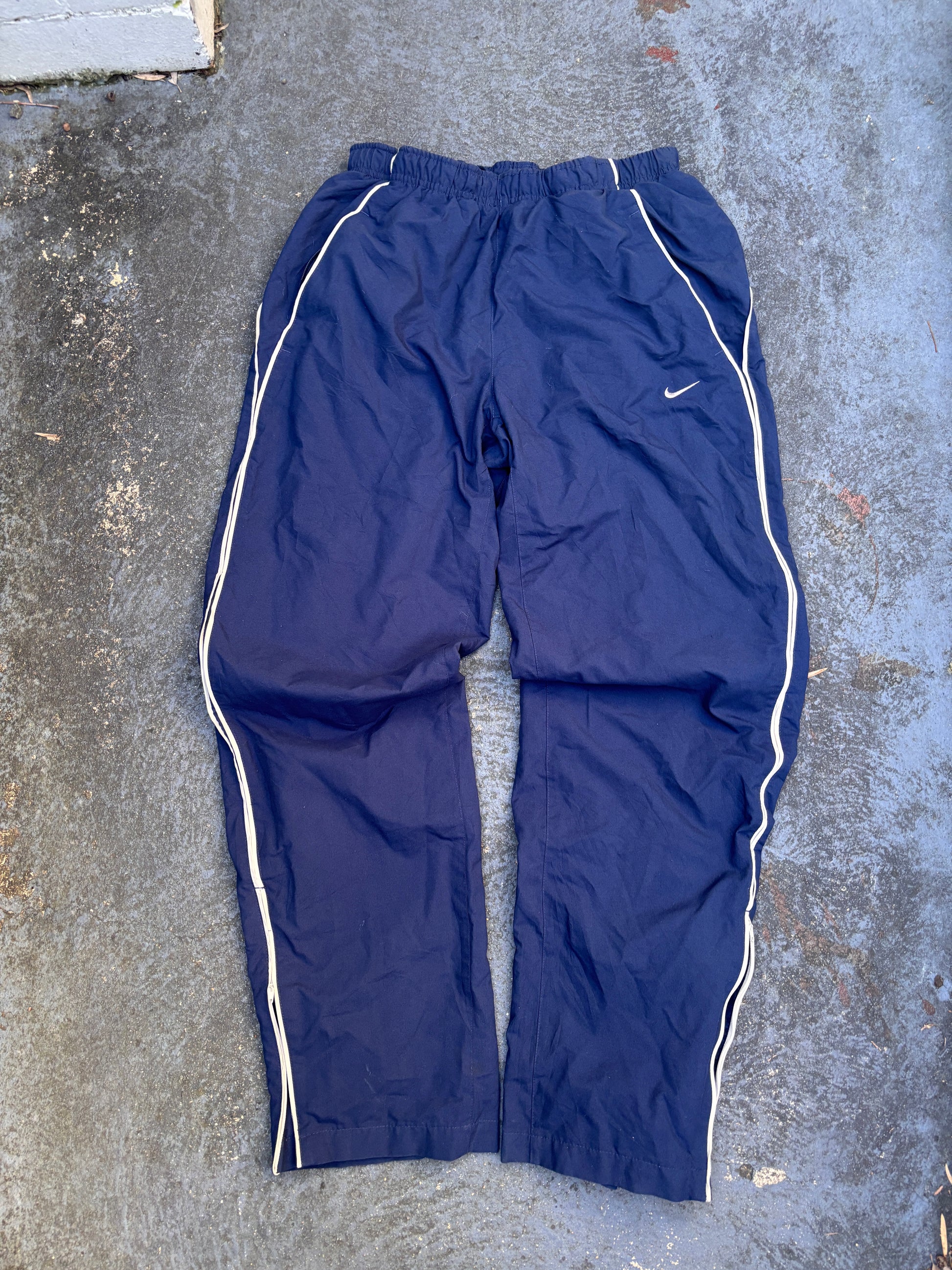Vintage Y2K Nike Track Pants Size M Navy Beige Piping Wide Leg Ankle Zip Classic