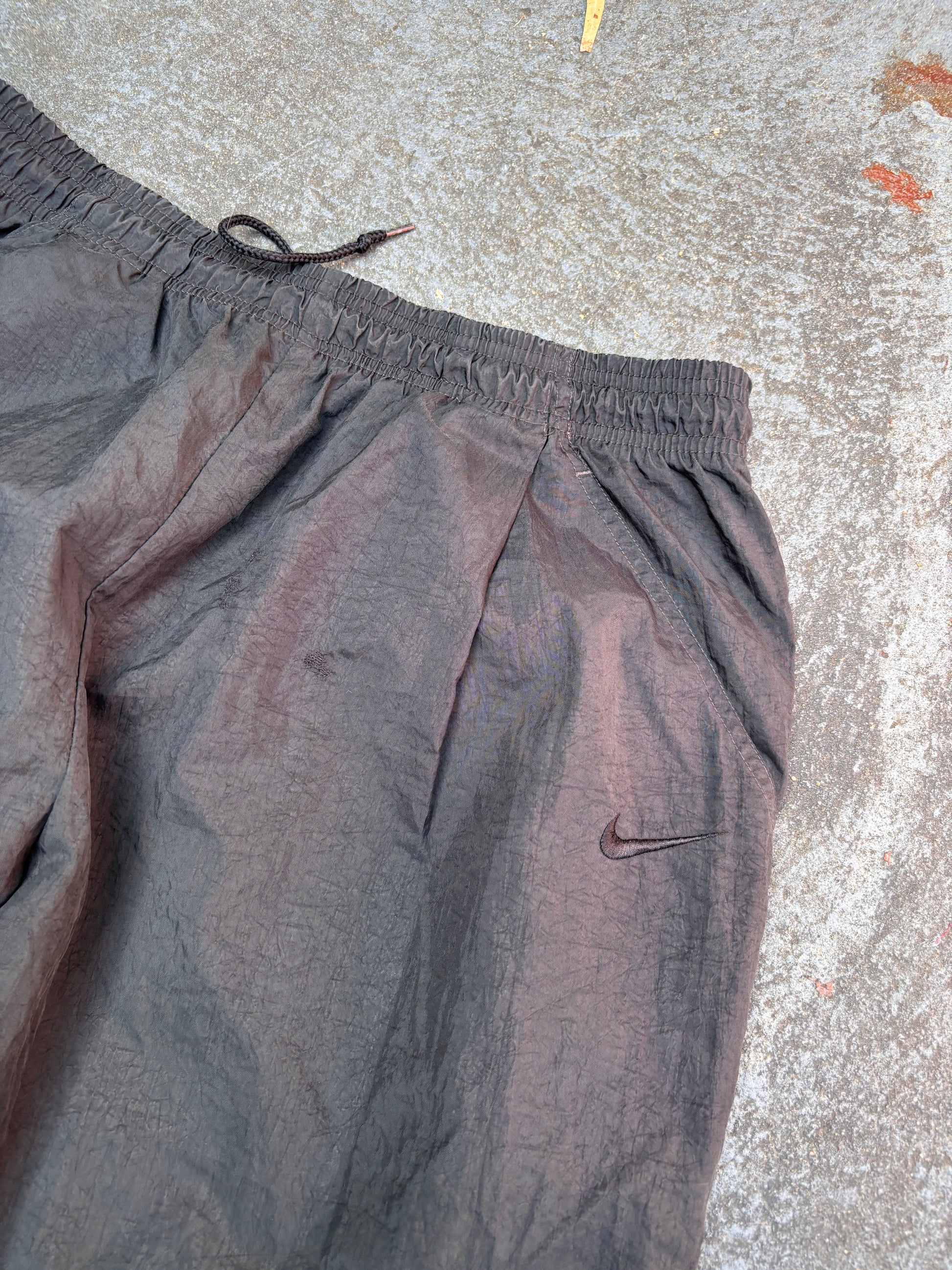 Vintage 90s Nike Track Pants Size L Double Black Swoosh Wide Leg Cuffed Windbreaker