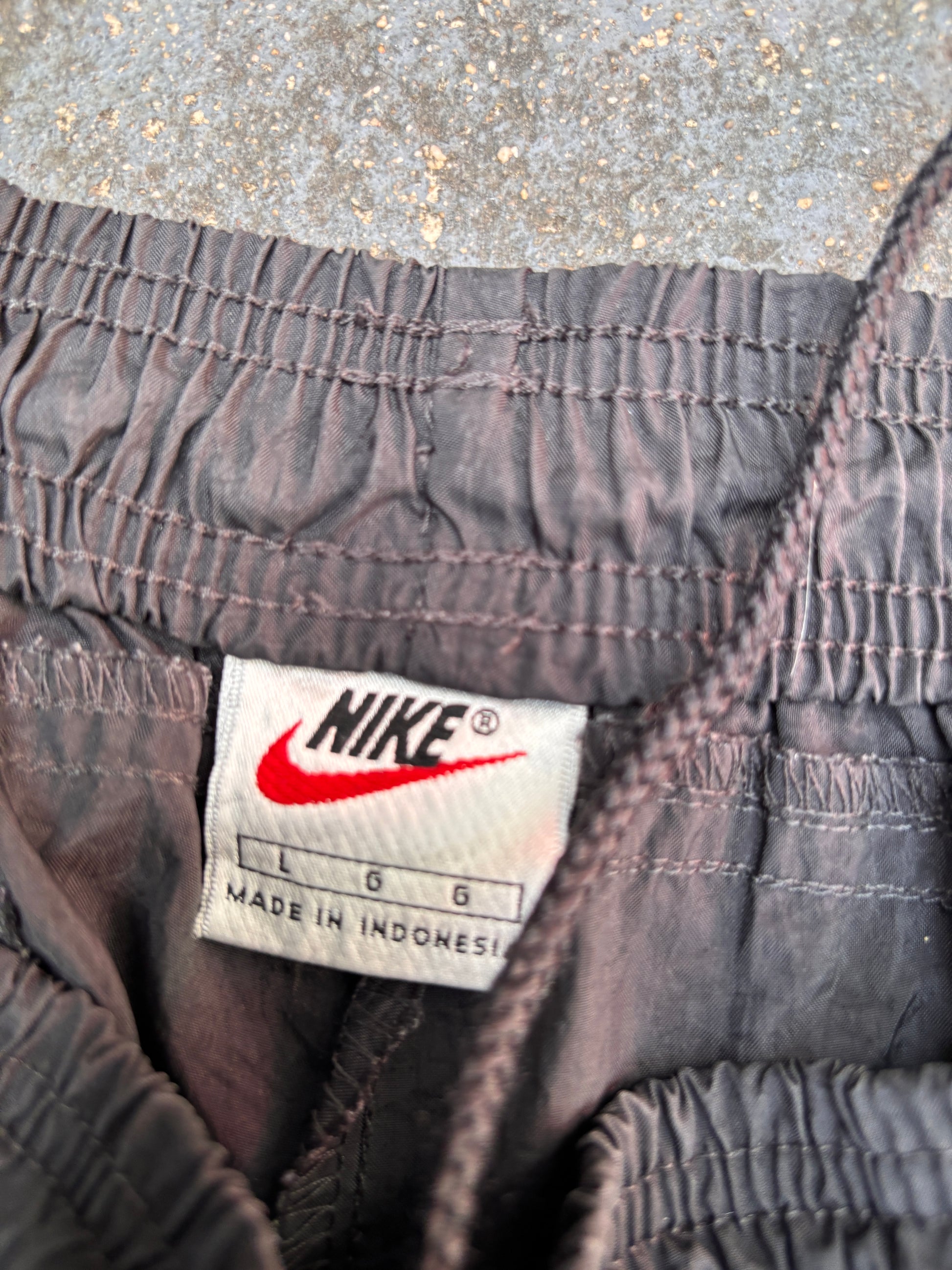 Vintage 90s Nike Track Pants Size L Double Black Swoosh Wide Leg Cuffed Windbreaker