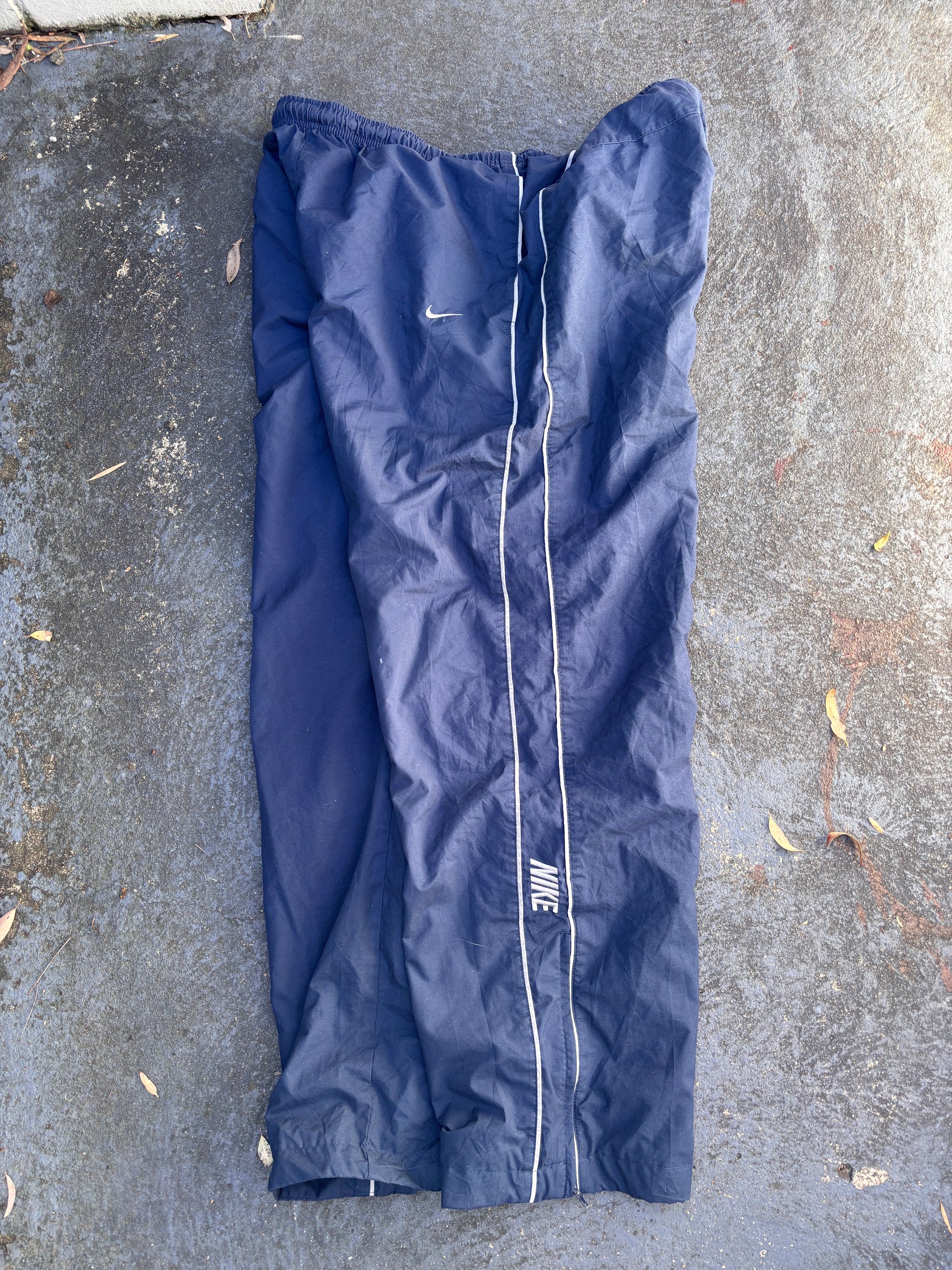 Vintage Y2K Nike Track Pants Size L Navy Grey Piping Spell Out Wide Leg Ankle Zip