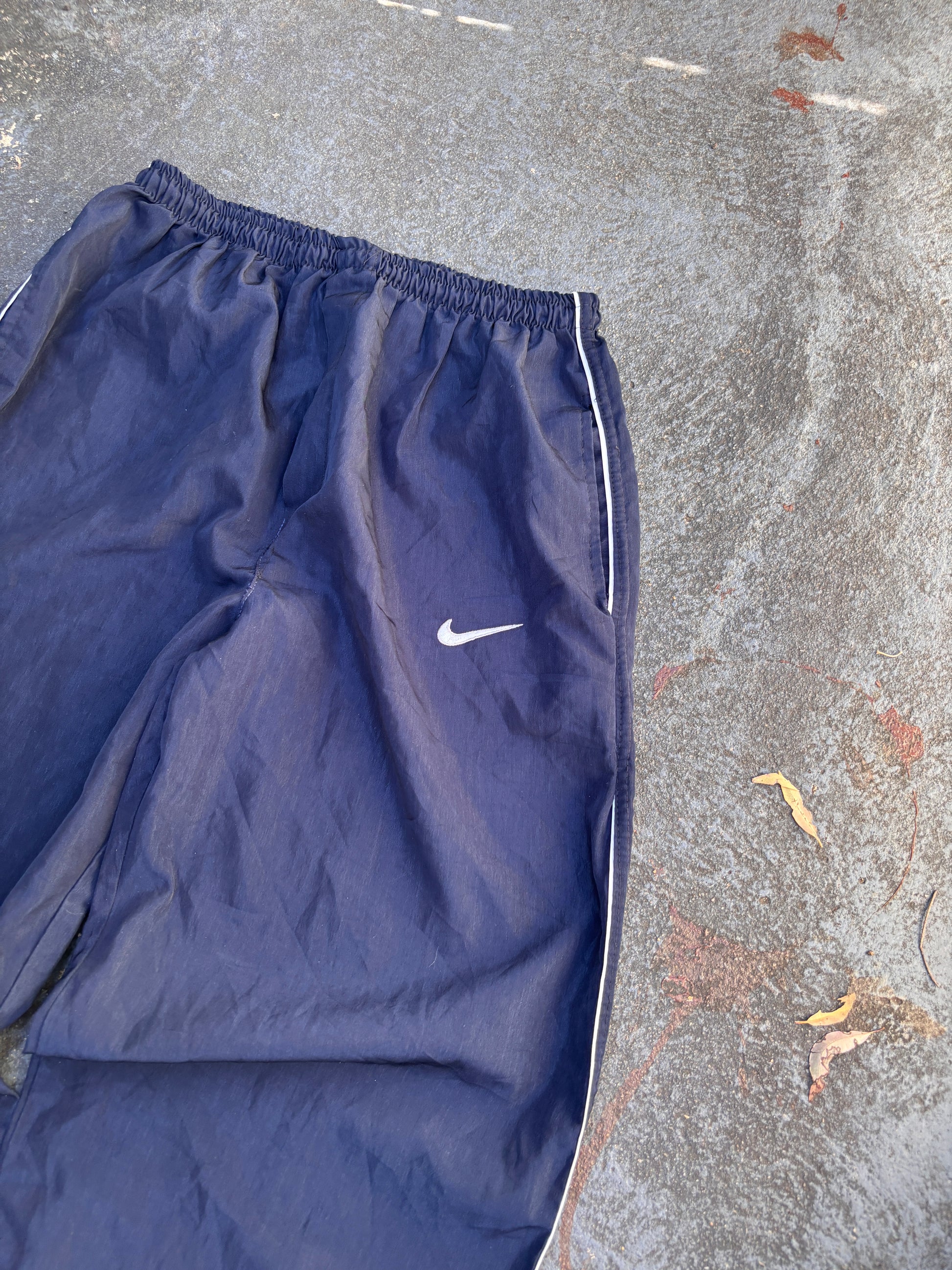 Vintage Y2K Nike Track Pants Size L Navy White Piping Embroidered Swoosh Wide Leg