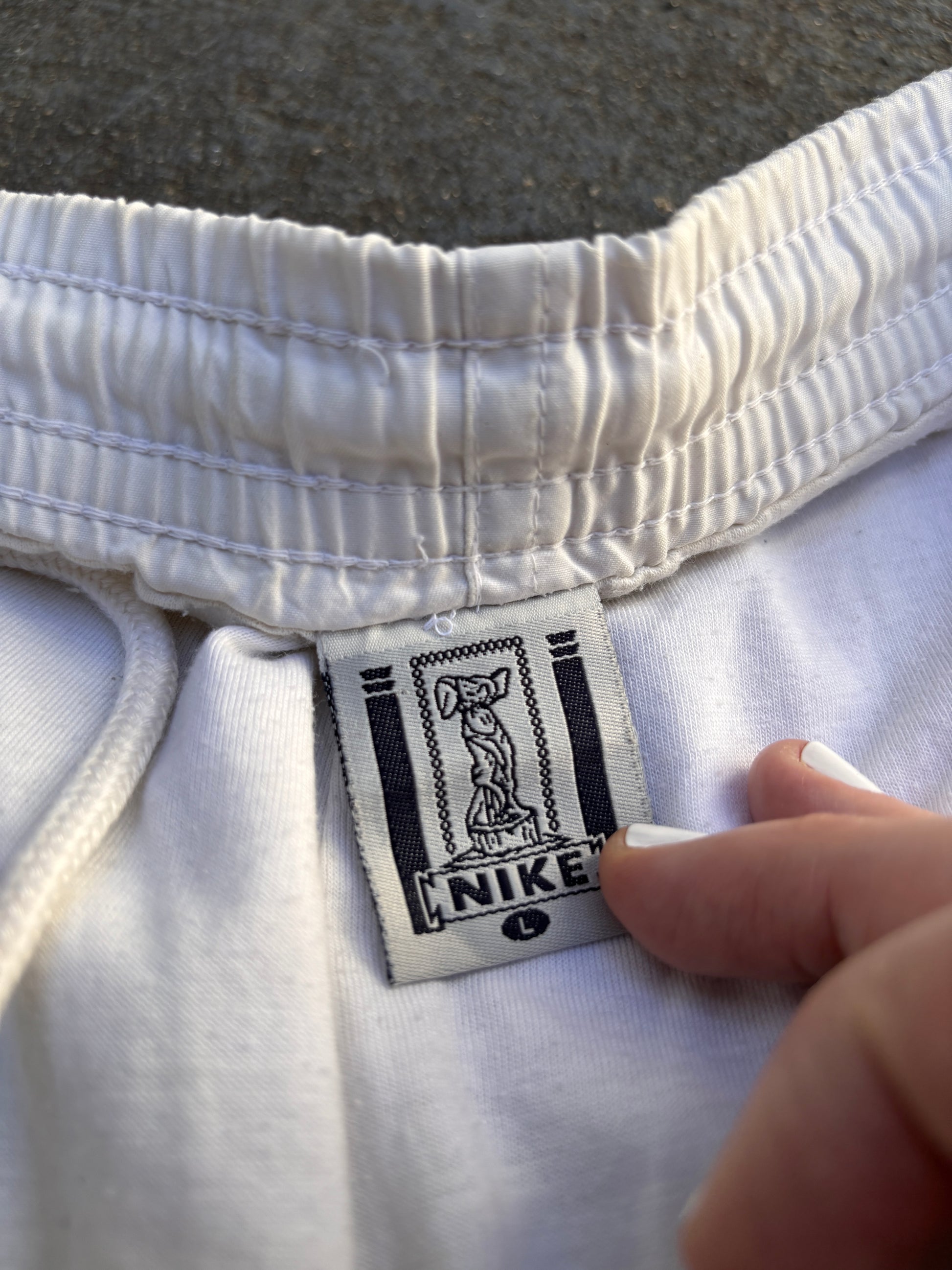 Vintage 90s Nike Spain Track Pants Size L White Navy Piping Spell Out RARE