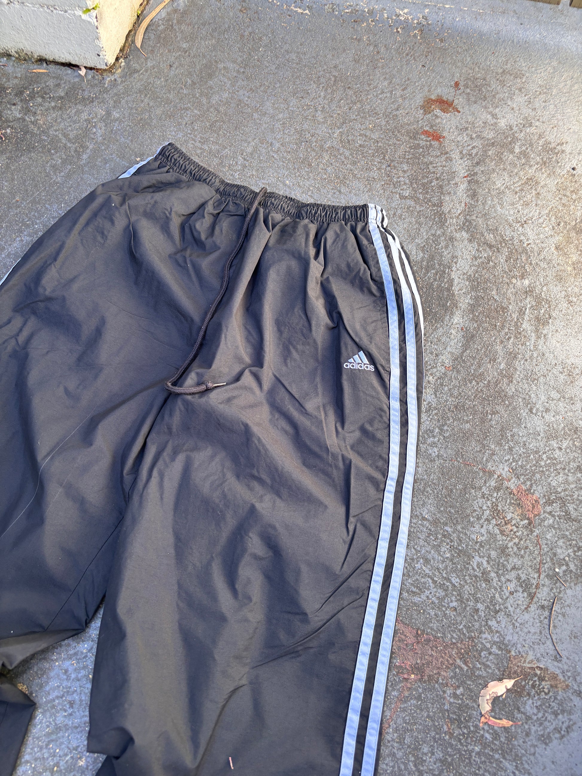Vintage Y2K Adidas Track Pants Size M Black Blue 3-Stripes Classic Wide Leg Ankle Zip