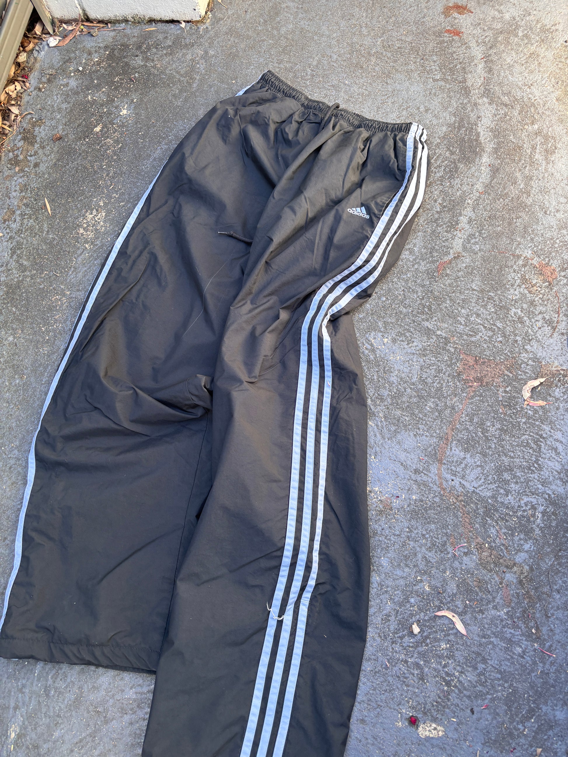 Vintage Y2K Adidas Track Pants Size M Black Blue 3-Stripes Classic Wide Leg Ankle Zip