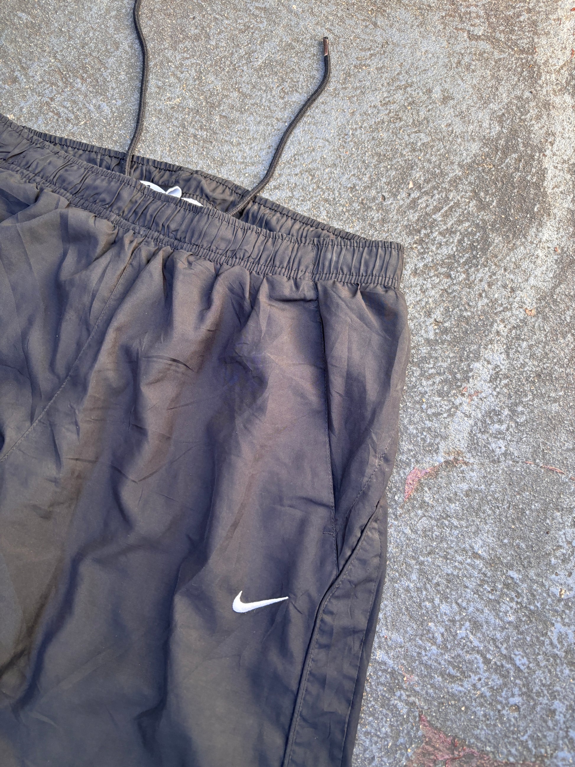 Nike Dri-Fit Track Pants Size M Black White Swoosh Wide Leg Ankle Zip + Bungee