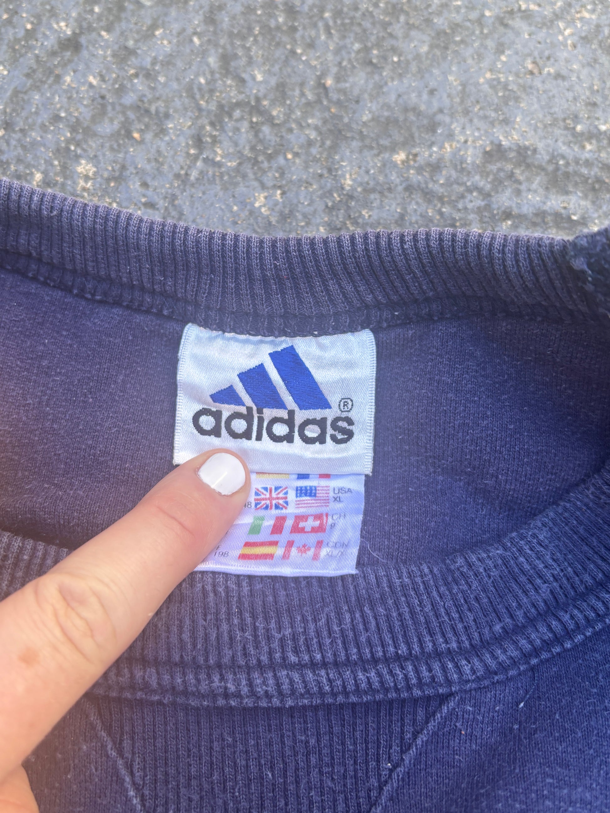 Vintage 90s Adidas Jumper Size XL Navy Large Front Graphic Faded Sweatshirt