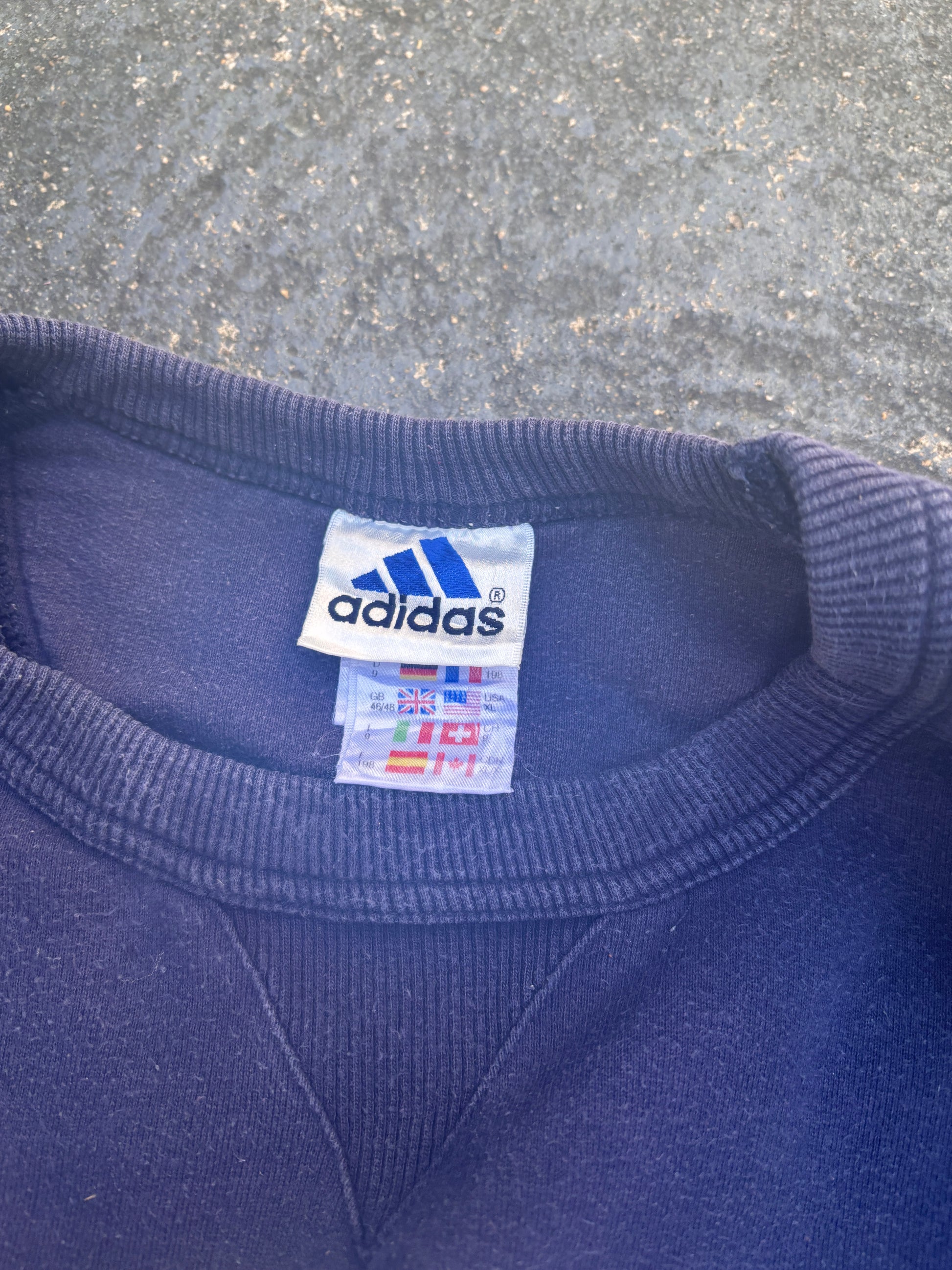 Vintage 90s Adidas Jumper Size XL Navy Large Front Graphic Faded Sweatshirt