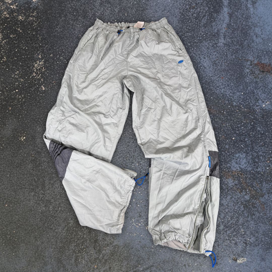 Vintage Y2K Nike Track Pants Size XL Grey Blue Hex Logo Bungee Ankle Zip Wide Leg