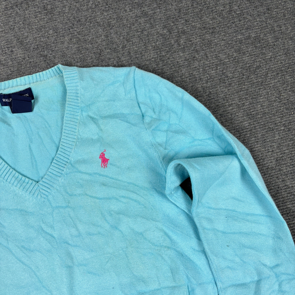 Ralph Lauren V-Neck Sweater Women's XS Baby Blue Small Pony Golf Core