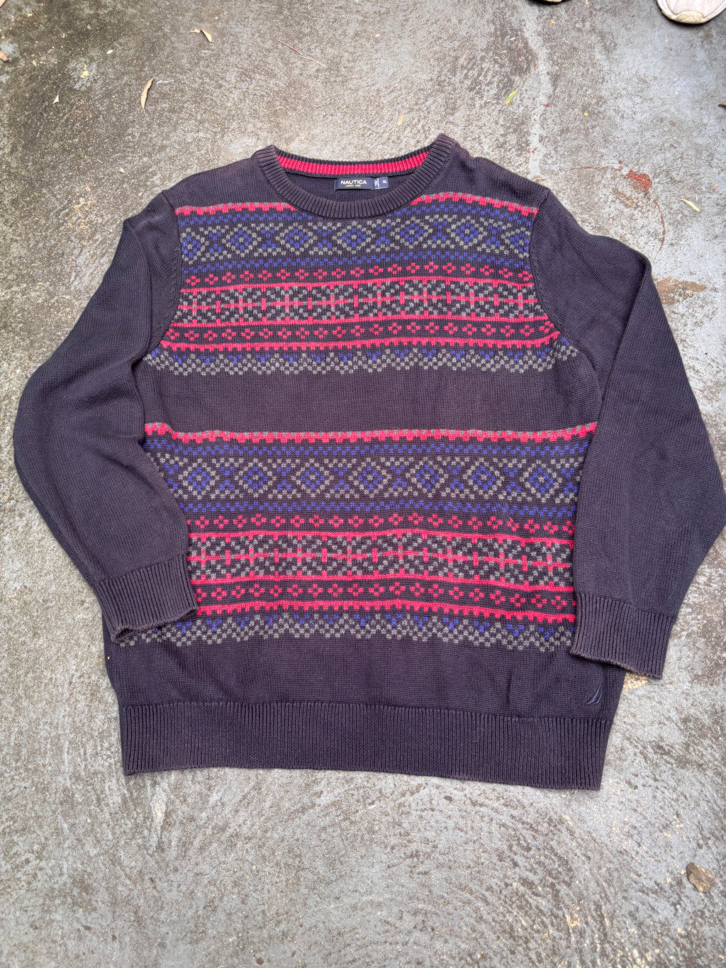 Nautica Knit Jumper Size XL Navy Red Fair Isle Pattern Cotton Crew Neck Sweater