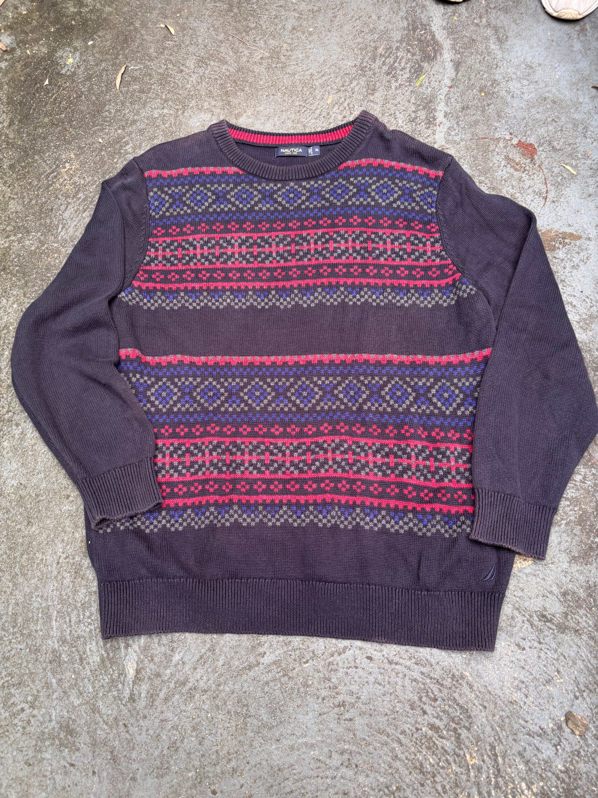 Nautica Knit Jumper Size XL Navy Red Fair Isle Pattern Cotton Crew Neck Sweater