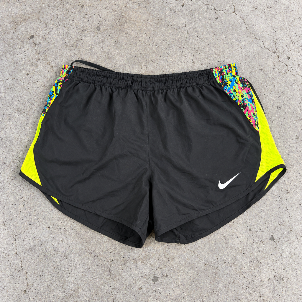 Nike Tempo Running Shorts Women's Small Black Volt Paint Splatter Activewear