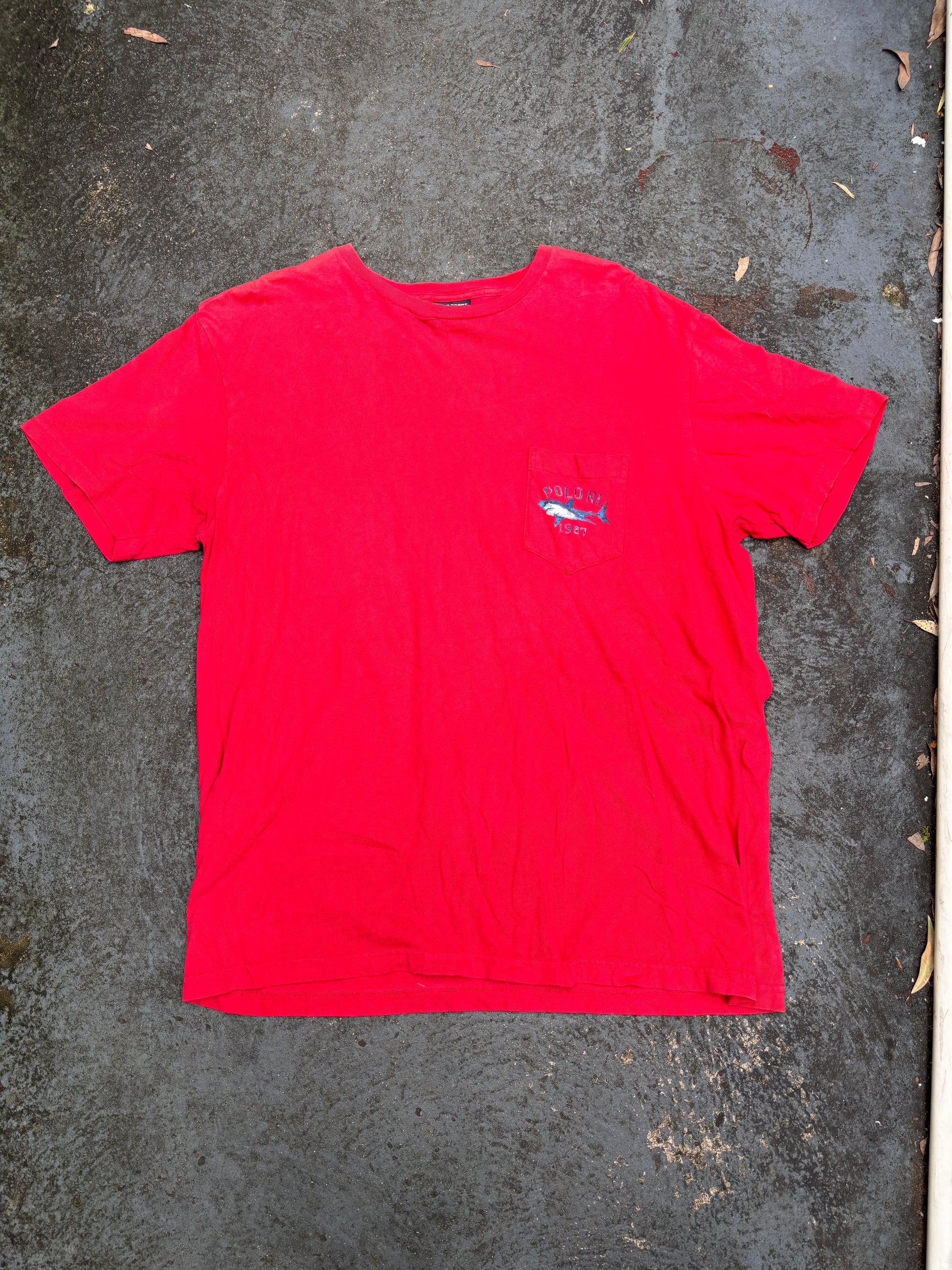 Vintage 90s Ralph Lauren Polo Sport Shark T-Shirt Sz L Red Chest Pocket Cotton