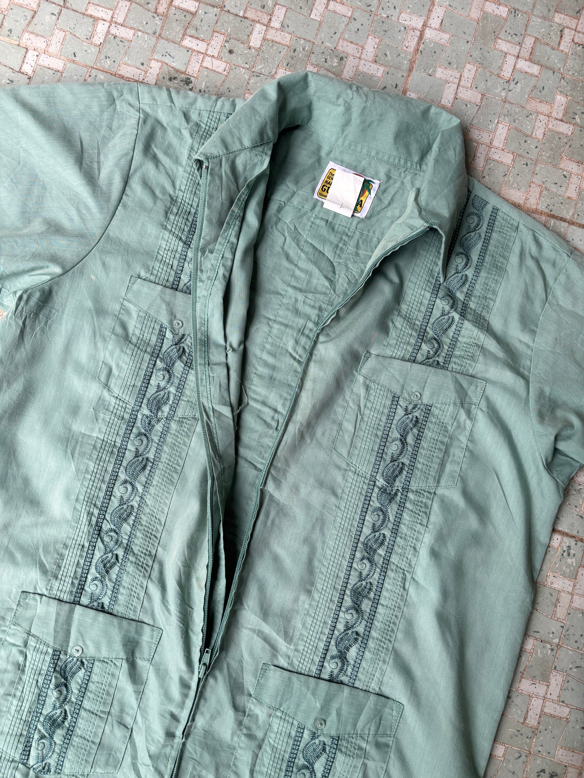 Vintage Cuban Zip Shirt Green 4 Pocket Front Size Medium Haband Guayabera Tag