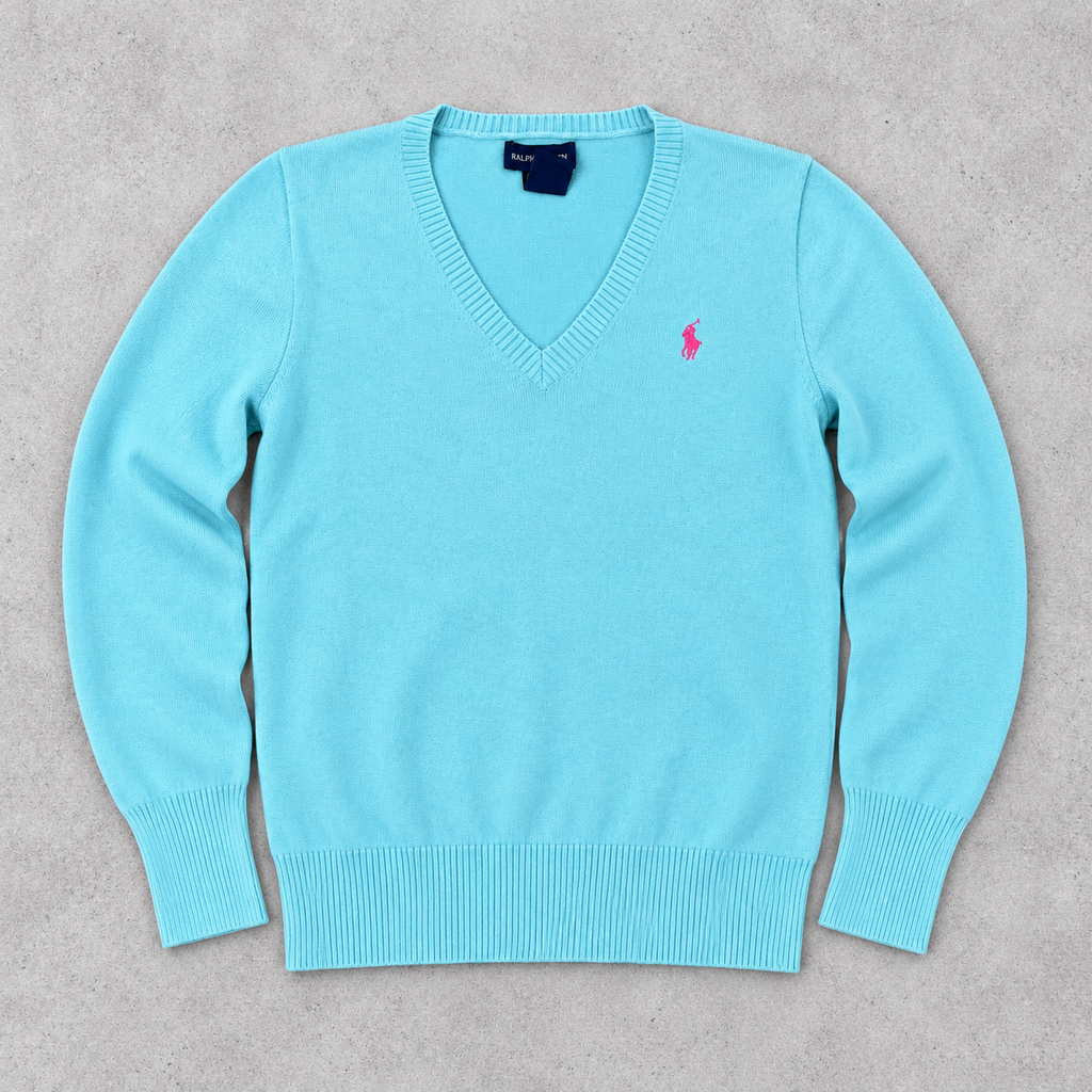 Ralph Lauren V-Neck Sweater Women's XS Baby Blue Small Pony Golf Core
