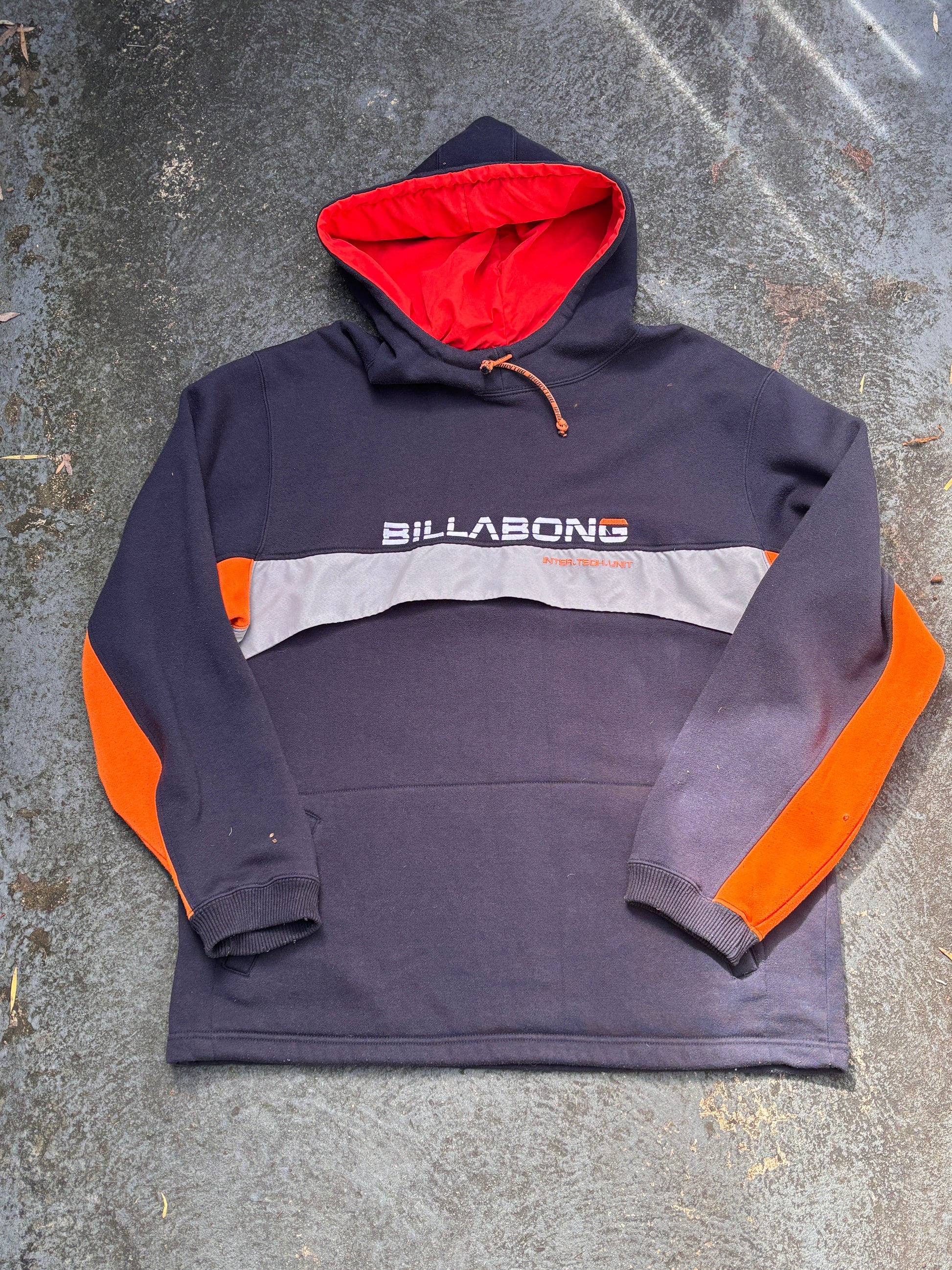 Vintage Y2K Billabong Hoodie Size M Navy Orange Spell Out Logo Kangaroo Pouch