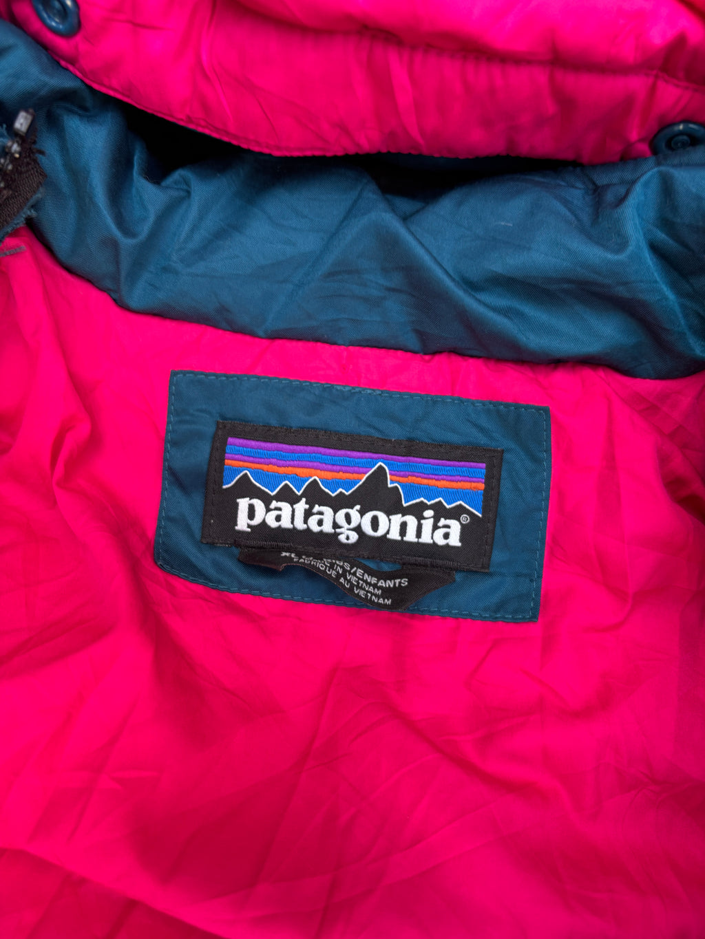 Patagonia Puffer Down Jacket Size S Green Pink Hooded Chest Logo Full Zip