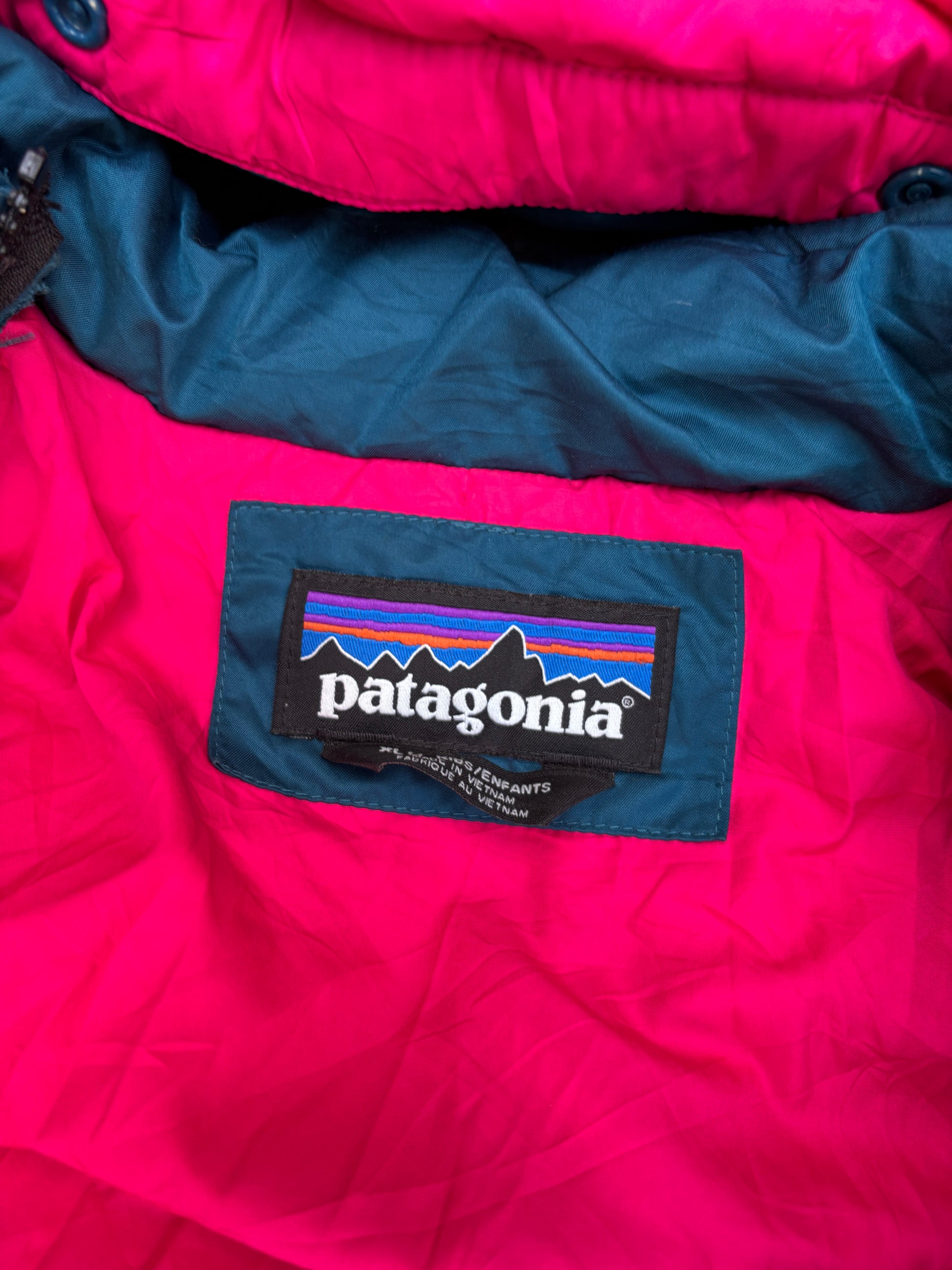 Patagonia Puffer Down Jacket Size S Green Pink Hooded Chest Logo Full Zip