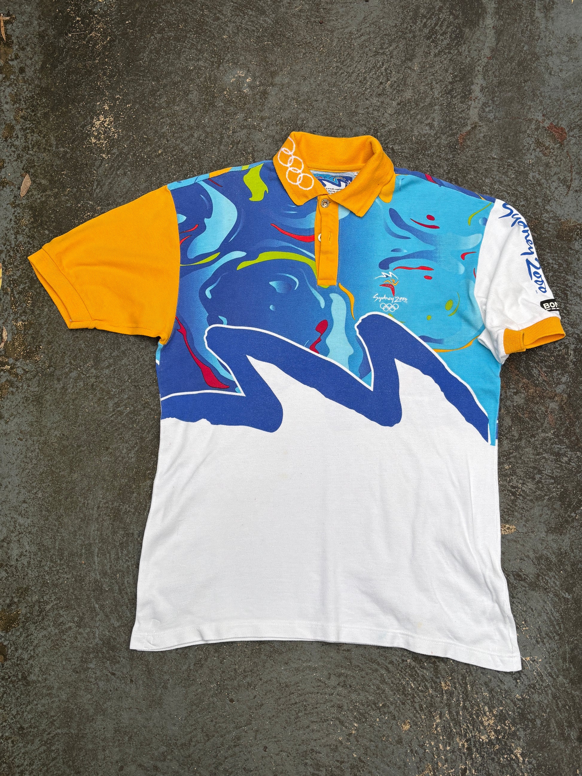 Vintage Y2K Bonds Sydney Olympics Polo Shirt Size M Multi 2000 All Over Graphic
