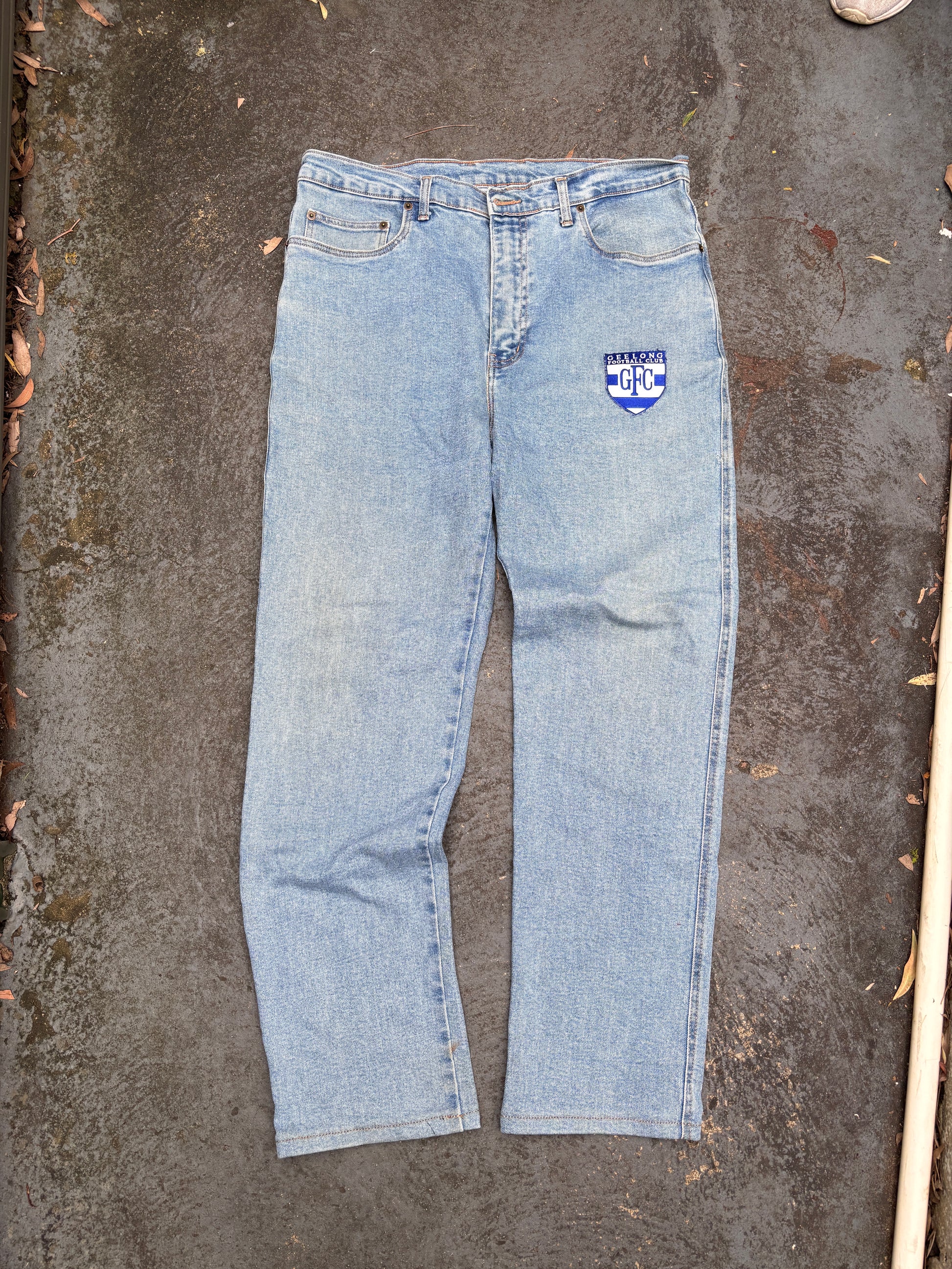 Vintage Tactics Australian Made Jeans Sz 36 Blue Mid Wash Geelong Football Patch