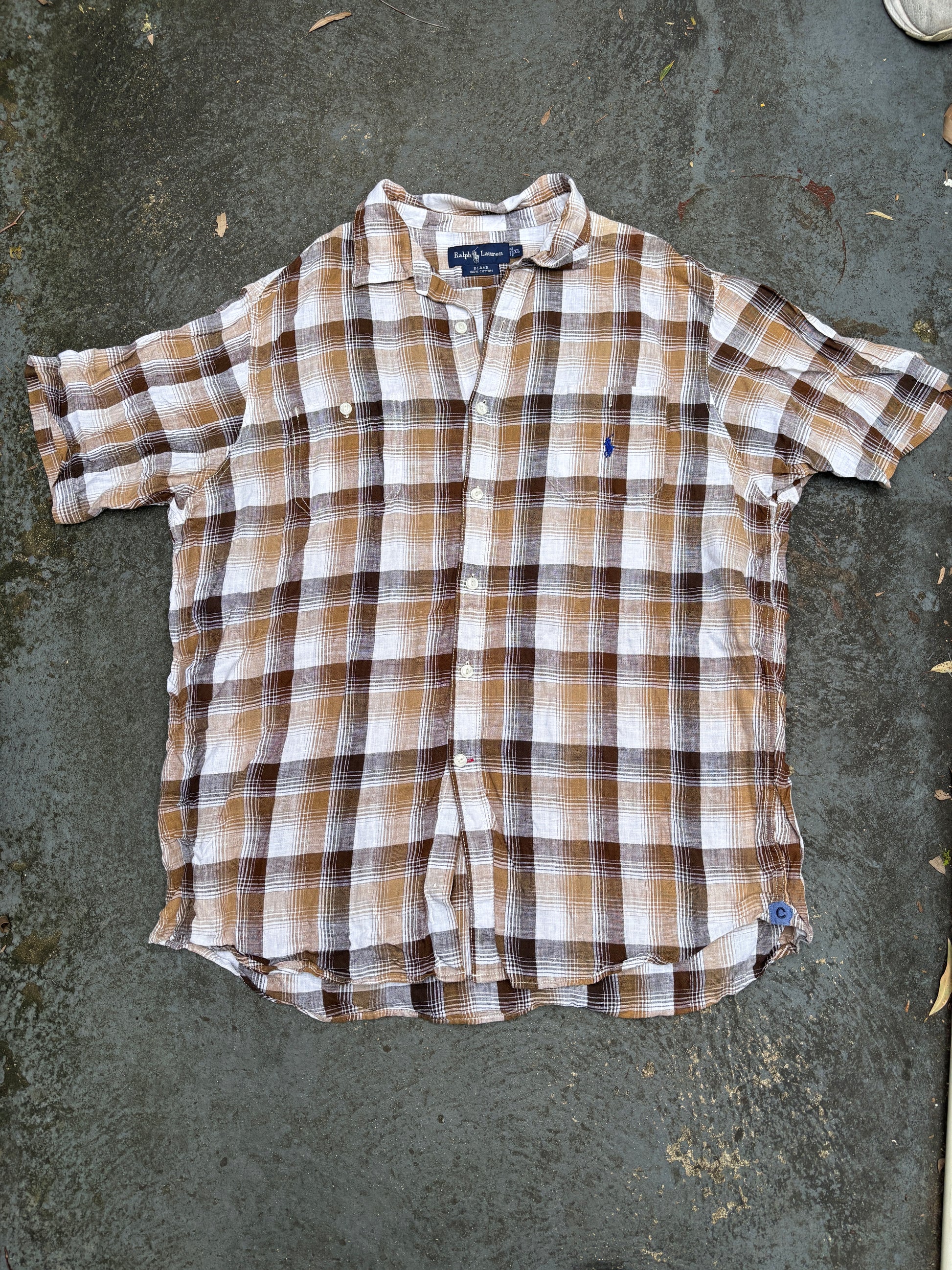 Vintage 90s Ralph Lauren Shirt XL Brown Multi Chest Pocket BluePony Blake Cotton
