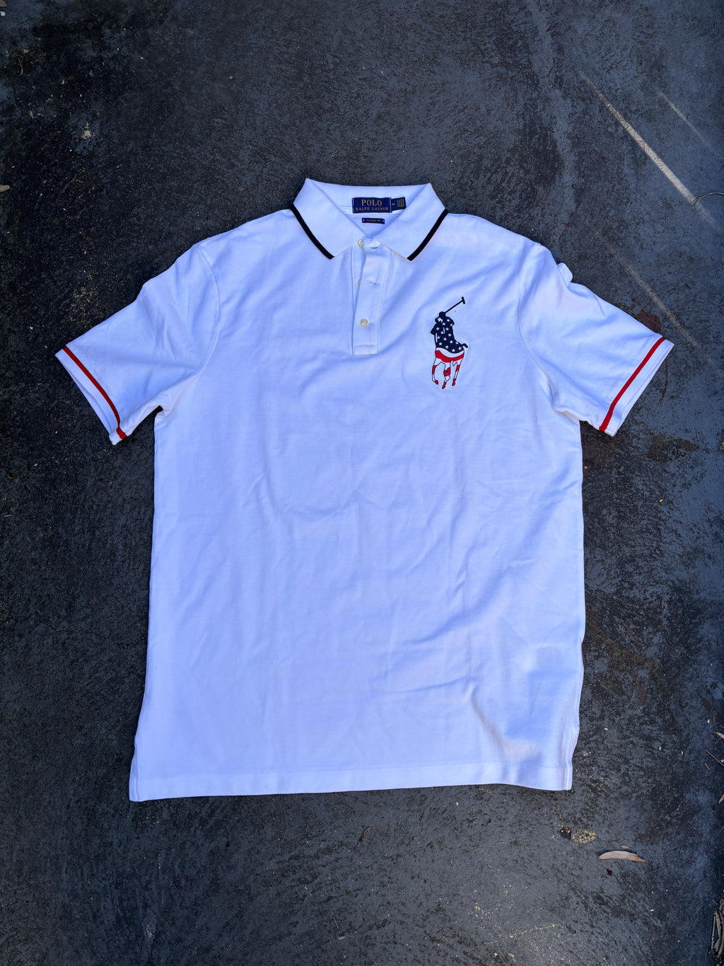 Polo Ralph Lauren Polo Shirt Size M White Large Pony USA Flag Colours Cotton