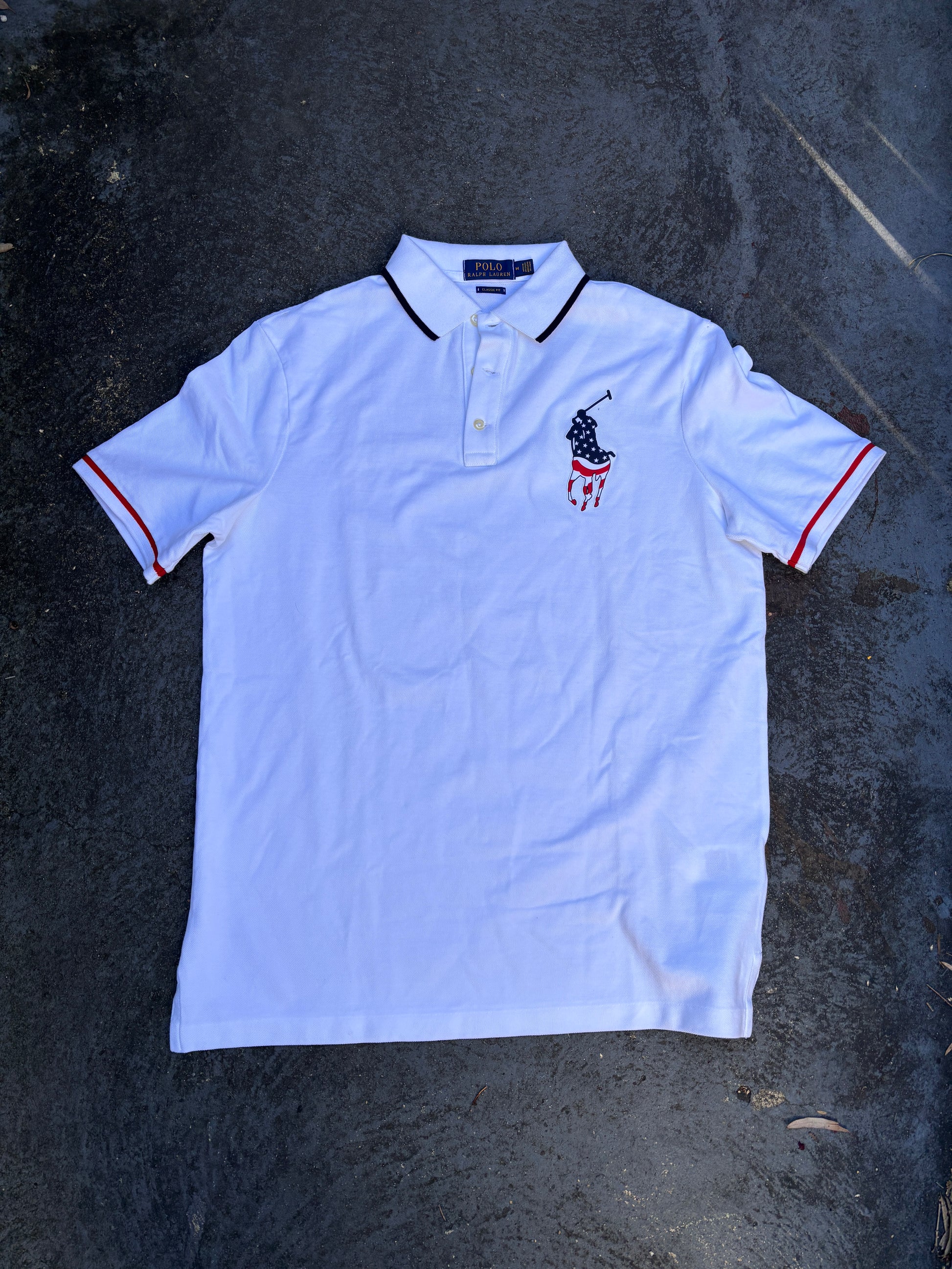 Polo Ralph Lauren Polo Shirt Size M White Large Pony USA Flag Colours Cotton