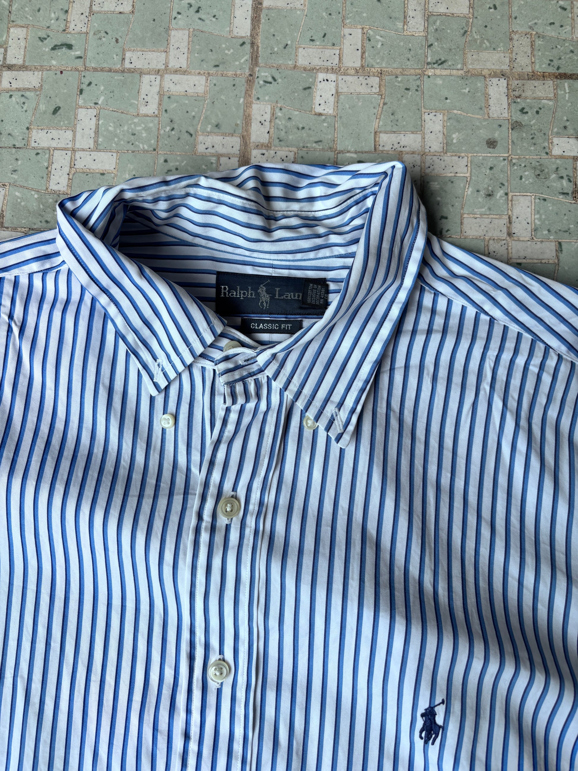Vintage 90's Ralph Lauren Shirt Size XL Blue Stripped Cotton Dress Button Up