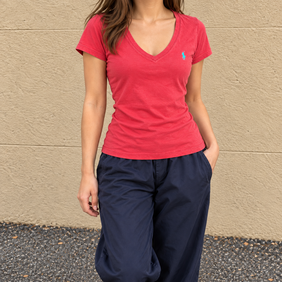 Ralph Lauren Sport V-neck Top Women's Small Red Green Small Pony Activewear T-shirt