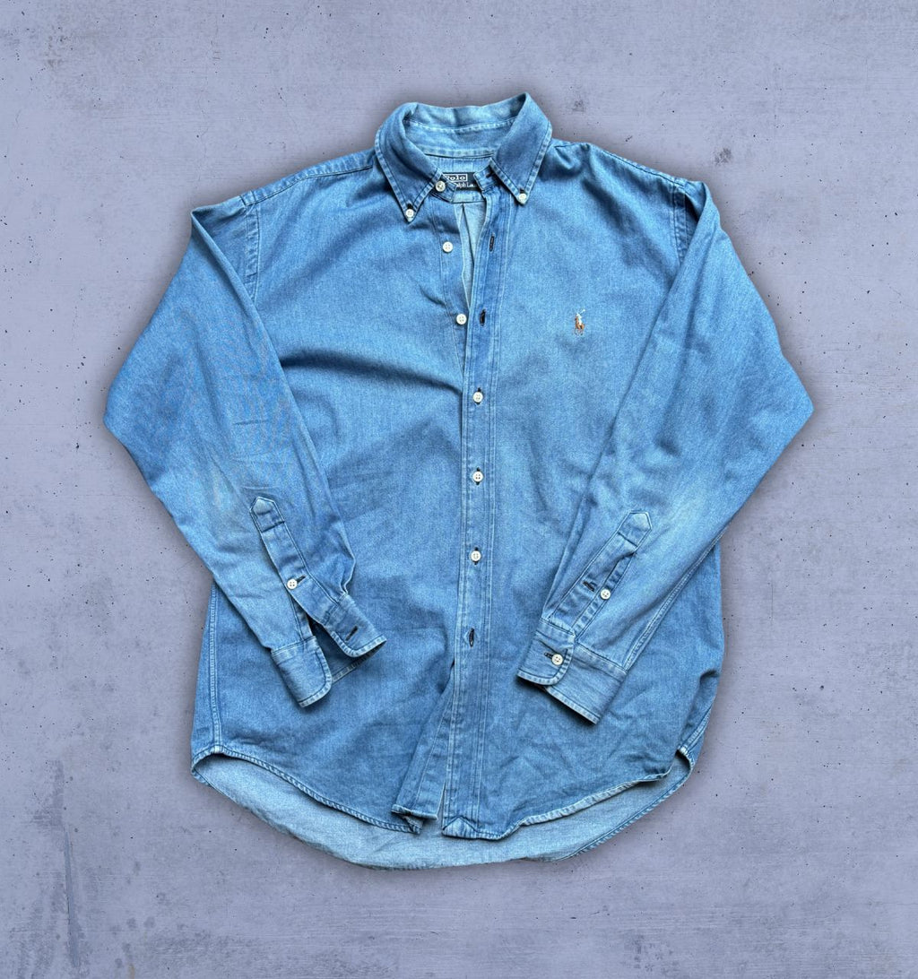 Vintage 90s Polo Ralph Lauren Denim Shirt Men’s M Blue Long Sleeve Colour Pony