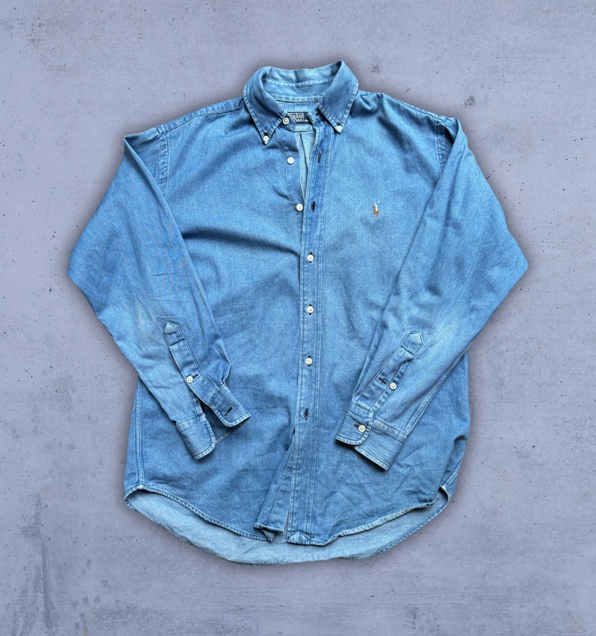 Vintage 90s Polo Ralph Lauren Denim Shirt Men’s M Blue Long Sleeve Colour Pony