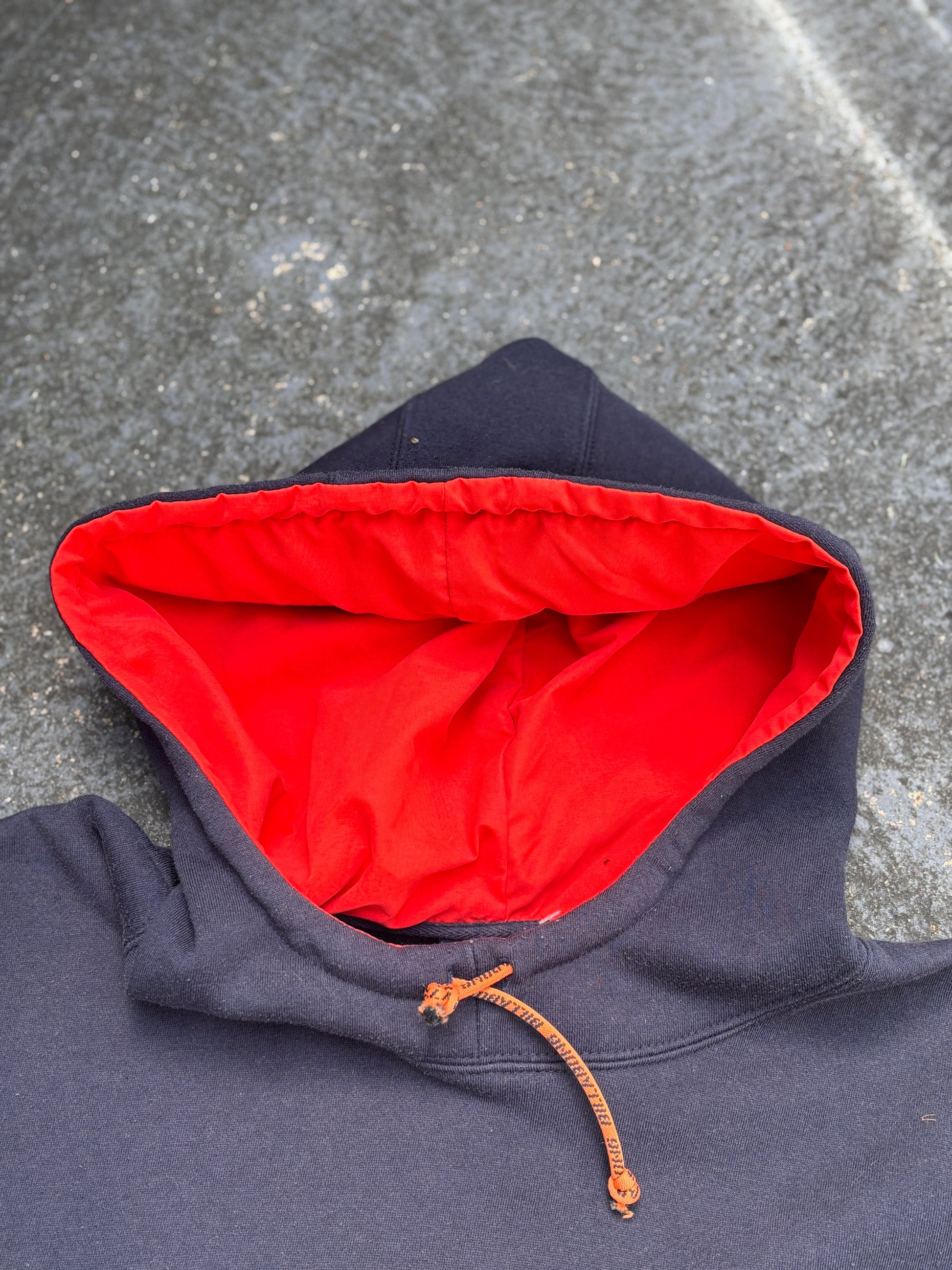 Vintage Y2K Billabong Hoodie Size M Navy Orange Spell Out Logo Kangaroo Pouch